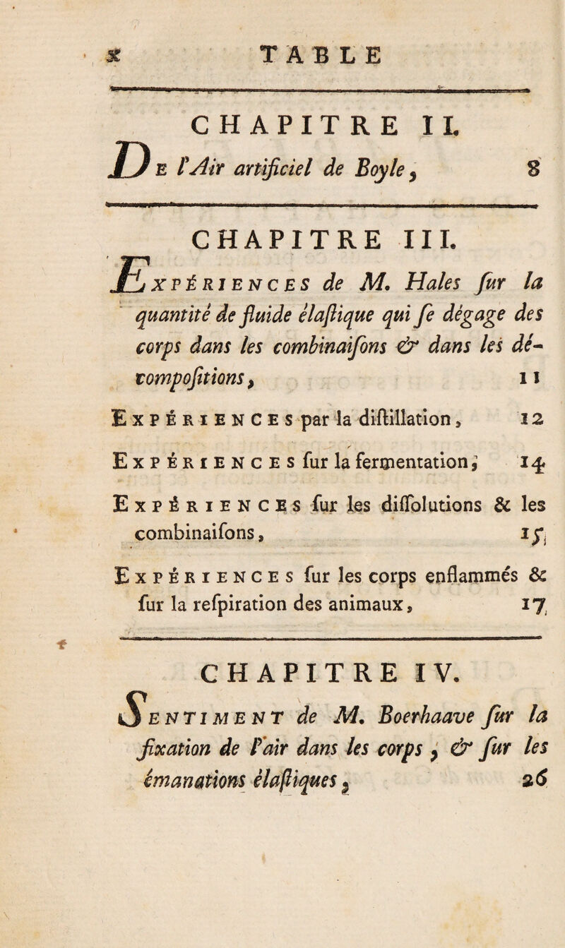 CHAPITRE IL D E l'Air artificiel de Boy le 9 S CHAPITRE III. JlLxpérienc es de M. Haies fur la quantité de fluide élaflique qui fe dégage des corps dans les combinaifons & dans les dé- compofltions, 11 Expériences par la diftillation, 12 Expériences fur la fermentation , 14 Expériences fur les diflblutions & les combinaifons, Expériences fur les corps enflammés & fur la refpiration des animaux, 17 CHAPITRE IV, Sentiment de M. Boerhaave fur la fixation de Pair dans les corps } & fur les émanations élaftiques 26