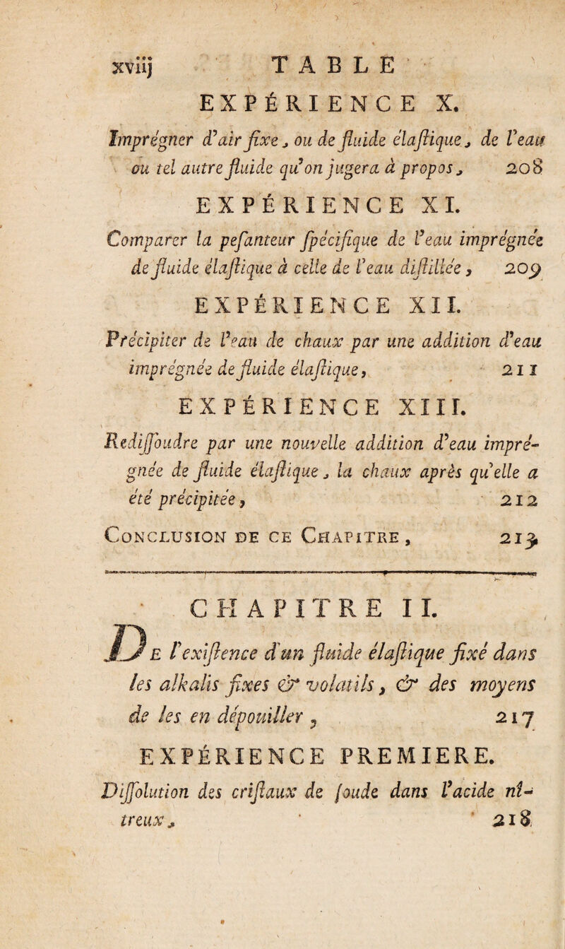) xviij TABLE EXPÉRIENCE X. T . * ' V • Imprégner d'air fixe j ou de fluide élaflique j de Veau ou tel autre fluide qu on jugera à propos, 20 8 EXPÉRIENCE XL Comparer la pefanteur fpécifique de Veau imprégnée de fluide élaflique à celle de Veau âiflillée, 209 EXPÉRIENCE XII. Précipiter de Veau de chaux par une addition d'eau imprégnée de fluide élaflique, 211 EXPÉRIENCE XIII. Redijjbudre par une nouvelle addition d'eau impré¬ gnée de fluide élafliquej la chaux après quelle a été précipitée, 212 Conclusion de ce Chapitre, 213. CHAPITRE IL E fexifience d'un fluide élaflique fixé dans les alkaiis fixes & volatils, & des moyens de les en dépouiller , 217 EXPÉRIENCE PREMIERE. Diflohition des criflaux de joude dans Vacide ni¬ treux , ' 218,