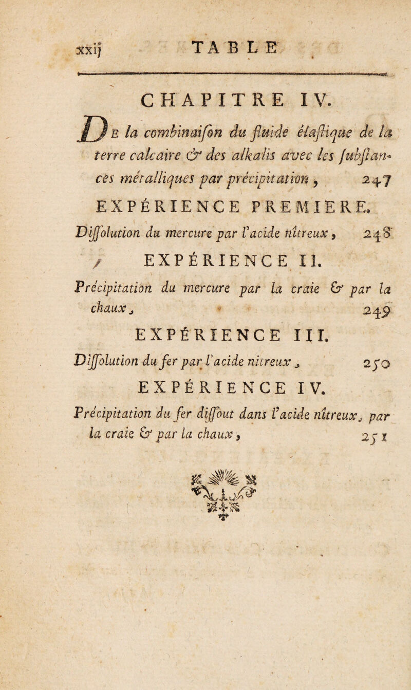 CHAPITRE IV. jF) b la comhinaifon du fluide élafiique de la terre calcaire & des alkaiis avec les fubjlan« ces métalliques par précipitation , 247 EXPÉRIENCE PREMIERE, Déflation du mercure par Vacide nitreux, 248’ / EXPÉRIENCE II. v : _ •• » * Précipitation du mercure par la craie & par la chaux j 249 EXPÉRIENCE III. Dijfoîution du fer par l'acide nitreux , 2po EXPÉRIENCE IV. Précipitation du fer dijfout dans l’acide nitreuxj par