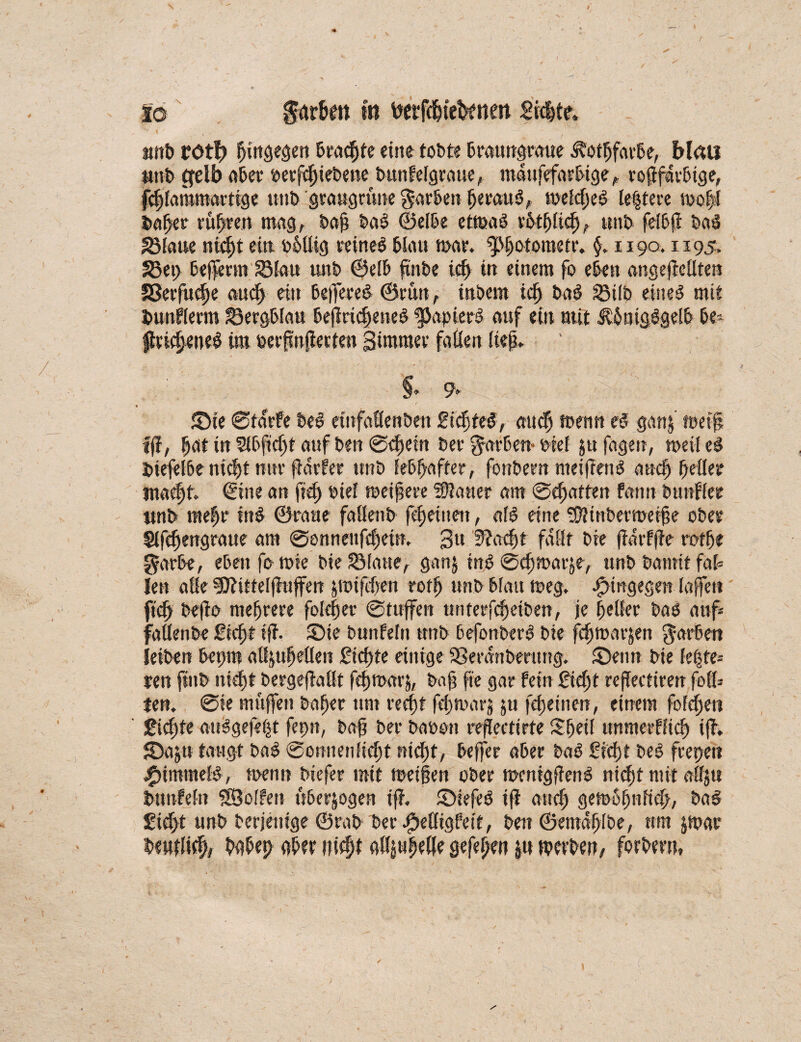 / io görbett in feerfcbietettett Sielte, tsttb rot^ hingegen Beamte eine tobte braungraue Äotbfarbe, blau «ub Cfelb aber oerfebiebene tun felgraue, mdufefarbige, rotfarbige, fefjlammarüge utib graugrüne Farben heraus, mefcfjeS ledere mo|J baffer rühren mag, bah baS Selbe etmaS rbtfjfüb, unb fe!6(J baS Platte niebt ein obllig reines blau mar. ^3f)otoraetr. §. 1190.1195. SBet> befferm SMau unb Selb finbe üb in einem fo eben ungeteilten Sßerfucfje «u<b eilt beffereS ©rün, tnbem icf) baS S5ilt> eines mit bunflerm 23ergblau betriebenes RapierS auf ein mit £5mgSgelb be¬ triebenes im perfwtetten Stromer fallen fiefü §• 9» 4 ' ' $Die ©tdrfe bei einfatenben SichteS, auch memt eS ganf meib ft, jj«t in Slbficfjt auf ben ©epem ber färben* biel §tt fagen, meil eS biefelbe nicht nur tdrfer unb lebhafter, fonbern meifrenS auch beller macht Sine an fteh biel meifsere iüfaaer am ©chartert fann öunfler unb mehr inS ©raue falfenb fe|eineit, als eine SOlinbetroeihe ober Slfefjengraue am ©onneufchein. gtt 3?adjt fallt bie tdrfte rotfje garbe, eben fo rote bie Platte, ganj ins ©cfjmarje, unb bannt faf= len alle $31 itteltnffen jroifben roth unb bfatt meg. hingegen laffett fiel) bete niedrere fole|er ©tujfen unterfebeiben, je geller baö auf* faUenbe Sicht t't- £>ie bunfeltt unb befonberS bie fcfjroarjen garbett leiben bepm alljufjellen Siebte einige Sßerdnberung. fDeim bie feste¬ ren finb nicht bergetallt fbmarj, ba| fte gar fein Sieht refiectiren foll* ten. @ie muffen baffer um recht fdjmarj ju feinen, einem fofdfe« ' Siebte attSgefe^t fet>tt, bat ber bauen reffectirte Sheif unmerffieb it* S)ajw taugt baS Sonnenlicht nicht, beffer aber baS Siebt beS frepeit Rimmels, rnenn biefer mit meiien ober menigtenS nicht mit affjtt btmfeln fSoffen überzogen it- S>iefeS it auch gemoffHfieb, baS Siebt unb berjeutge ©rab berspelfigfeit, ben©emdblbe, um jmar beuflicb, böbep aber nicht alljupete gefeiten ju werben, forbern,
