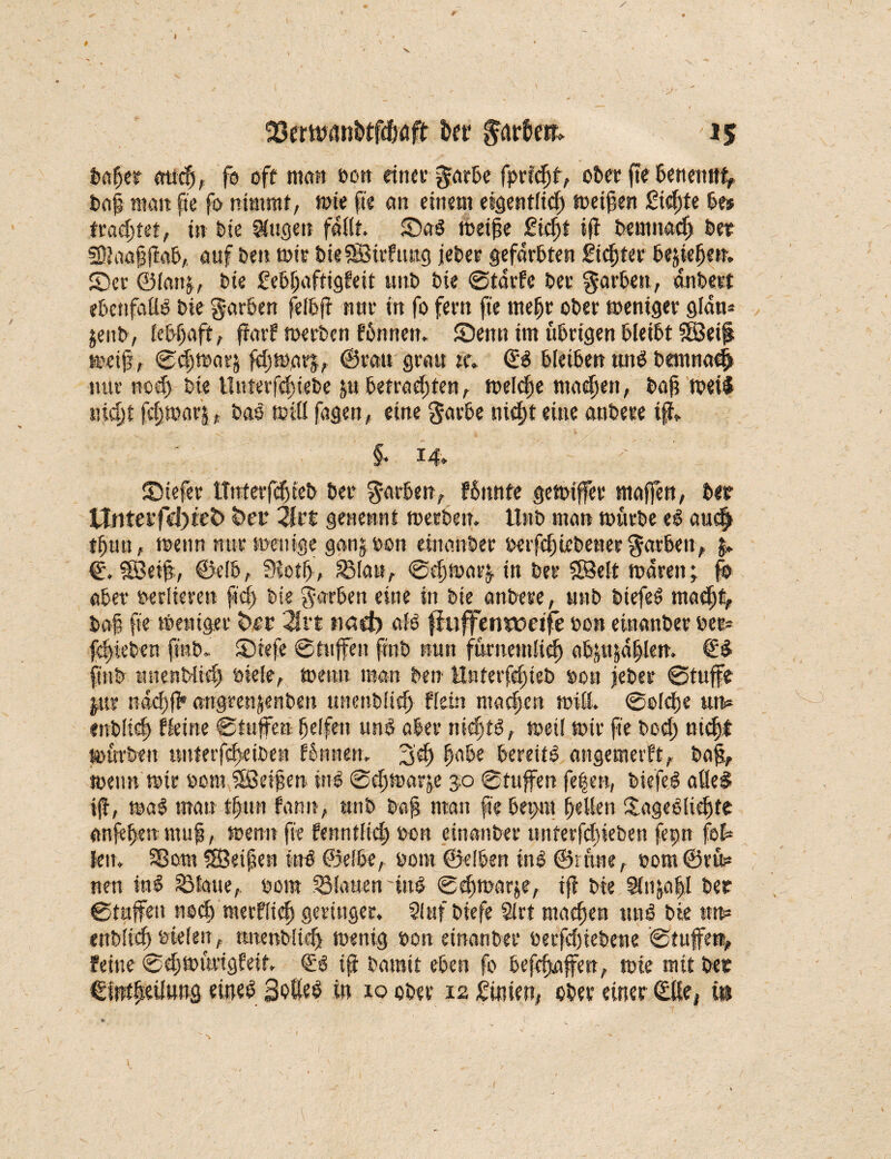 <wd), fo oft man oon «nee garfee fpricjjt, ober fte feenenttf, bap man fte ft> nimmt, tote fte an einem eigentlich meinen Sichte fee* fragtet, in feie Sinsen fallt ©ad meiße £td)f ifi feemttad) feer SÖtaafsftafe, auf feen rnte feieSSirftmg jefeer gefärbten Sichtet feejieijen. ©er ©lattj, feie fefeljaftigfeit unfe feie ©tdrfc feer garfeen, dnfeert efecnfaßfe feie garfeen feifejf nur in fo fern fte mefjr ofeer meniger glan* jettfe, lefefeajt, far? merfectt ffemten. ©emtim übrigen feleifet SBeifi meif, ©chmarj fdjmavj, ©rau grau je. (£3 feleifeen und bemnacf) nur nod) feie Hitterfeijiebe &tt feetradjten, meldje mauert, baß meid njdjt fcpmarj, bas miß fagcn, eine garfee nicht eine attfeere iß» §. 14* ' ©iefer tTnterfcfeiefe feer garfeen, ffennte gemiffee rnaffen, feer Unter fd)iet> öet* 2frt genennt merben. Unfe man mürbe ed auch tfeun, meint nur mem'ge ganj oon einanfeer oerfdjiefeenee garfeen, €. Söetß., ©elfe, 3$otfj, SMa«, ©djmarj. in feer SBeit mären; fo afeer verlieren ftd) feie garfeen eine in fete^anfeese, tntfe fetefeS nt ad;t, feaß fte meniger fcrr 21 rt nach ald ffuffenwetfe »on einanfeer öett* fd)tefeen fmfe. ©tefe ©tuffen ffnfe nun fürnemlteh afe;itjdf>[en. €d ft'nfe wnenfetteh öiele, menn man feen Unterfdjiefe »ob jefeer ©tuffe put ndcpfi* angrenjenfem unenfeüd) ffetn machen miß. ©olcfje un* enfelich Heine ©tuffen helfen unfe afeer niefitfe, meil mir fte feodj nicht mürben unterjcfcifeen f611 nett. 3>dj feafee feereitfe angemerft, feaß, menn mtr bom Sßripcn ind ©chmar&e 3.0 ©tuffen fe|en, feiefed afled iß, mafe man t|«n farm, unfe fe«ß ntatt fiefeept fetten gagefeltepte anfefeen mup, menn fte fenntlid) feott einanfeer unterfd)ieben fr9n fo£= ien. SBom SBeipen ind ©elfee, üont ©eifeen ind ©rüne, »om ©t&* nen ind Platte, oora S3lauen rufe ©efemarje, ifr feie Sinsaf)! feer ©tufen noch merflich geringer. Slttf feiefe Sirt machen unfe feie «n» enfeiid) bieten, tuienbücfj menig t>on einanfeer feerfdjiefeene ©tuffen, feine ©djmürigfeif. €fe iß fearait efeen fo feefchaffen, ttne mit feer €int|ei(ung einee Sfetted in 10 ofeer 12 Zwirn, ober einer ©Ke, in