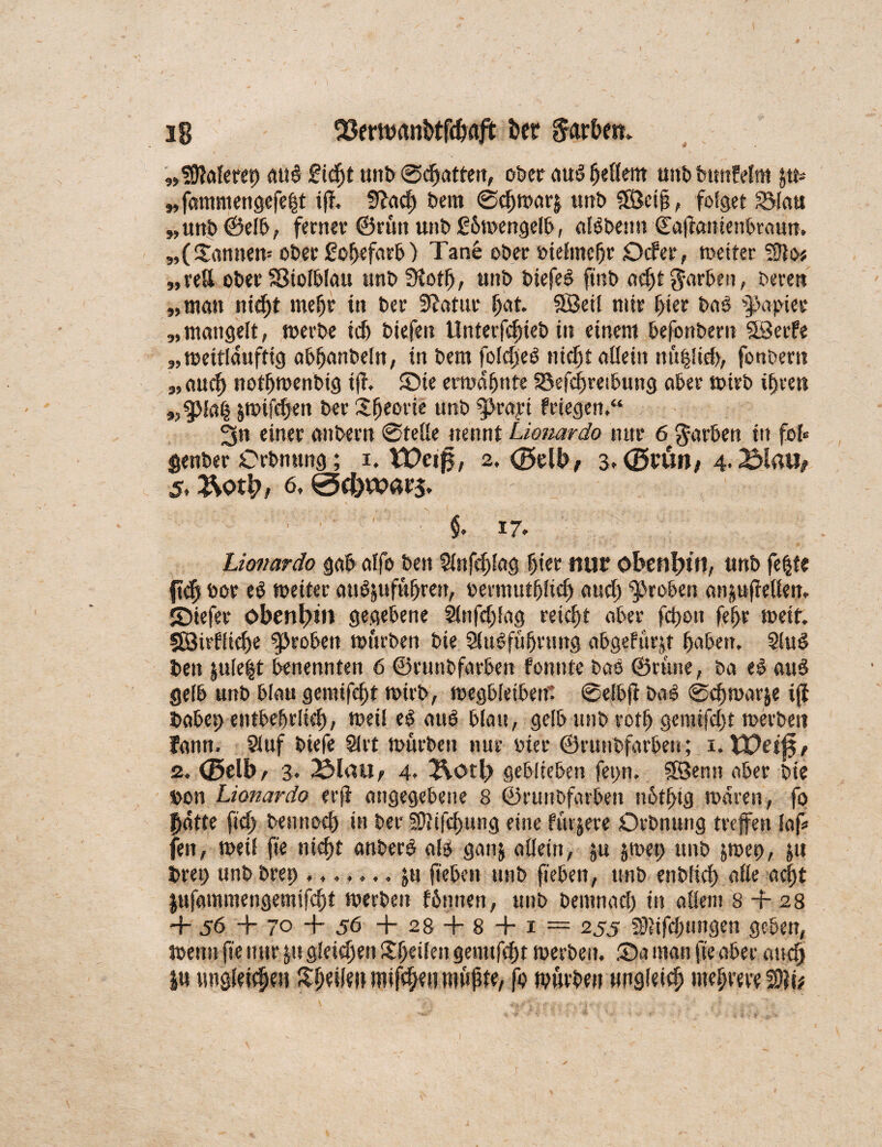 * 38 OSmMnhtfdxtft bet* Harbern „SSMeret) <ut$ £id)t unb ©Ratten, ober aud f>äkm unb btntfelm jtt* „famntengefe|t tff* Stoch bem ©chwarj unb Söcip, folget 2Mau „unb©elb, ferner ©rütt unb £6mengelb, alöbetm ©aftanienbrautt. „(Sannen* ober £of>efarb) Tane ober bielmchr Ocfer, metfer SOlo* „ veU ober SSiolblau unb Stoff), unb biefeg ftnb acht färben, bereu „ man nicht mehr in ber Statur hat. SSeil mir hier bab Rapier „mangelt, »erbe idj biefen Unterfchieb in einem befbnbern SSerfe „weitlauftig abhanbeln, in bem foldjeö nicht allein nü|!id>, fonbertt „auch notfjwenbig ijt. £)ie ermähnte S3efd)retbung aber wirb ihren „$>lah jwifdjen ber Xbeorie unb fkayt Wegen,“ 3n einer anbern ©teile nennt Lionardo nur 6 Farben in fob genber Orbnung; i. t£>ejj§, 2. @db, 3, (grün/ 4.2$lrtU> 5, &otb/ 6, @d)w«r$. §. 17. Lionardo gab alfo ben 2lnfd)lag hier nur obenhin, unb feljt« fldj bor eb weiter auöjufüfjren, »ermutfjlich and; groben anjuffeiien, S)iefer obenbin gegebene 2lnfd;fag reicht aber fdjon fe^r weit. SBirffidje groben würben bie Siubfübrnng abgefürjt haben. Sind bett $uleft benennten 6 ©runbfarben fonnte bas ©rüne, ba t$ aub gelb unb blau gemifeft wirb, wegbietbeut ©elbfl bab ©chwarje i(i babet> entbehrlich, weif eb attb blau, gelb unb roth gemtfd» werben fann. Stuf biefe Strt würben nur hier ©runbfarben; 1. Weif, 2. ©elbf 3. 2$läU/ 4> 2\otl> geblieben fei>rt- SSBenn aber bie bon Lionardo erfi angegebene 8 ©runbfarben n6ti>ig waren, fo fjötte ftd> benttoch in ber SOJifchung eine fürjere Orbnung treffen laf* feit, weil ft'e nicht anberb alb ganj allein, |u jwet) unb jwep, ju brep unbbrep ...ju ft'ebeit unb ft'eben, unb enblich alle acht jufammengemifcht werben fbnnen, unb bentnad) in allem 8 + 28 + 56 + 70 + 56 ■+■ 28 + 8 + 1 = 255 S9fifd)Uiigen geben, wenn ft'e nur ju gleid;en Shetlen genttfeht werben, Oa inan fie aber auch |u ungleichen Sfmlw mifchen niupte, fo würbe» ungleich mehrere WUt