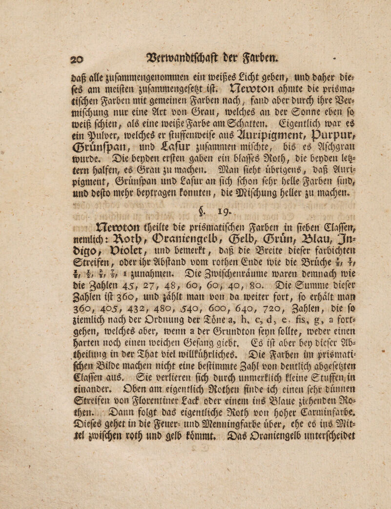 30 Sftttttönftlföaft fcftr gftrfcm, Y Dag alle jufantmettgeitommen ein metgeß £icgt geben, «nt bager bie= feß am meifteu pfammeitgefegt ifh Hecoton agmte bic prißma* ttfcgen garbeit mit gemeinen garbett nacg, fatib aber burcg igre SBer= mifdjuitg nur eine 2(rt uott ©rau, meldjeß an bet* Sonne eben fo metg fegten, alß eine metgegarbe antScgatfen, ©igentltd) mar eß ein $puloer, melcgeß er ftuffettmeife au ß Auripigment, Purpur, <35rünfpan, unb Jjafur jttfammett mtfdjte, biß eß Slfcggratt mürbe, £)ie bepbett erfleit gaben ein blaffeß Slotg, bie bepbett leg* fern galfen, eß ©rau pmaegett, SRatr ftegt ttbrigettß, baf? SfurP pigment, ©rutifpan unb £afur an fi cg fegon fegr gelle garben ftub, unb beflo ntegr beptragen fonttfeit, bie SKifcgung geller p maegen, f. 19, tTewtOtt tgevlte bie prißmatifdjeu garben in geben ©taffen, itemltcgt 2\ott>, (Dramengclb, (gelb, G5türt, 2$lau, Jn* fcigo, Piolet, unb bemerft, bag bie sJSreite biefer farbiegtett (Streifen, ober tgr Slbganb 00m rotgen ©ttbe tute bie Sörucge b h h h b h 1 pnagmett. Sic gmtfsgettrdume tuaren bemttaeg tute bie gagfeit 45, 27, 48, 60, 60, 40, 80. Ste Summe biefer gagfett tff 360, unb jdglt matt »01t ba tneiter fort, fo ergdft matt 360, 405, 432, 48o> 540, 600, 640, 720, Böglen, bte fo jtemltcg ttaeg bet Orbnuttg ber £6ne 3, h, c, d, e. fis, g, a fort* gegen, meldjeß aber, memt a ber ©ruttbton fepit feilte, meber einen garten ttod) einen tucicgen ©efattg giebt. ©6 ift aber bep biefer 2!b* fgetlttttg tn ber ggat Ute! millfugrltcgeß. Sie garben int prißmatü fegen Silbe madjen niegt eine befitmmte gagf uott beutftd) abgefeimten ©faffen auß. Sie uerlieren ft cg bttreg tmnterflieg fletne Staffen in eittanber. Oben am eigenflieg ülotgett ftitbe icg einen fegr buntten Streifen uon glorenttiter faef ober einem üiß Sfaue pgenbett 3to- tgen. Samt folgt baß eigentlidje Svotg uott goger ©auttinfarbe. Stefeß geget tn bie getter- unb SOlenntngfarbe über, ege ee ins 3?lit= fei imtfcgen rotg unb gelb fbnimt, Saß Drantengelb unterfegeibet