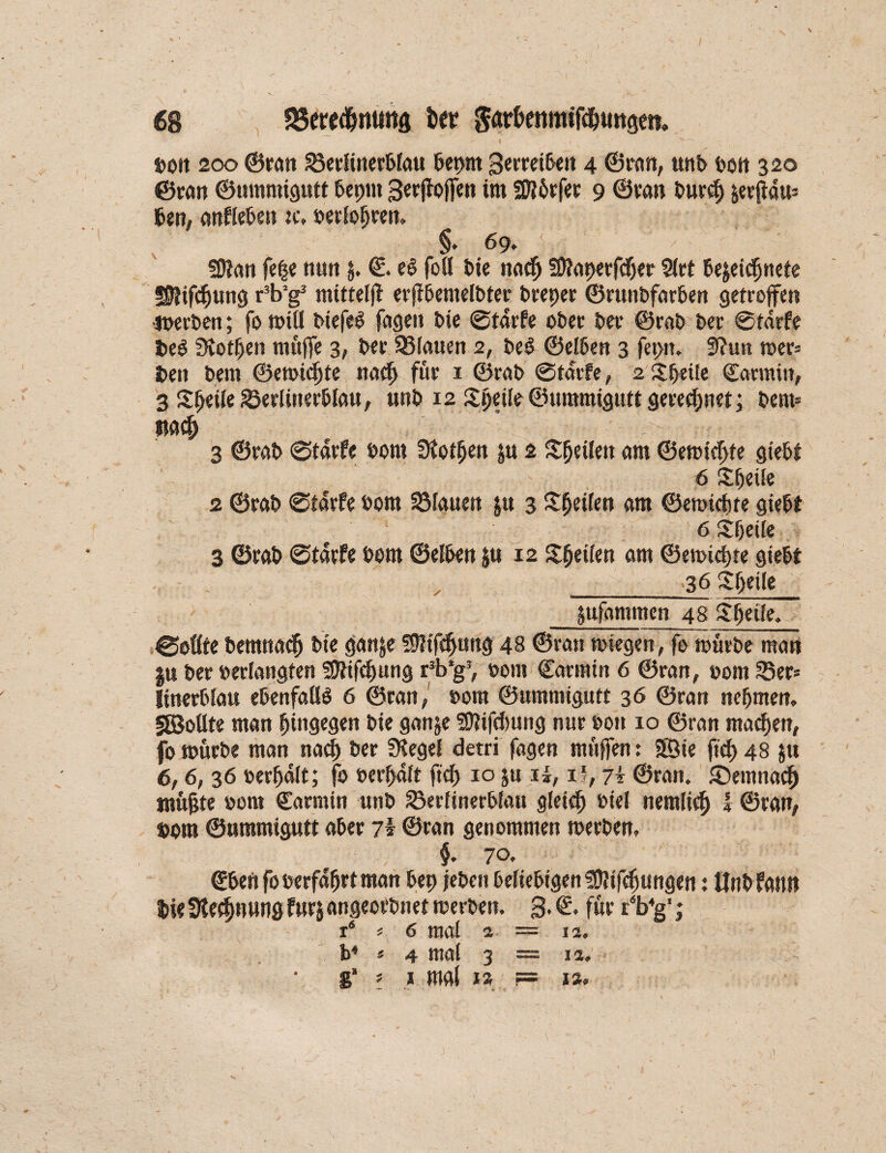 ' ‘ . ' ’ > \ , j ^ »ott 200 ©ran Serlinerblau bepm 3«rreiben 4 ©ran, unb »on 320 ©ran ©umnügutt bepm 3erfloffett im Sffthrfer 9 ©van burcf» &eefiau= Sen, anfleben :c, »erfahren. §. 69» ?D?an fetje nun $. €. e<? fofl Sie nadj fDtaperfdjer Siet Sejeicfjnefe SJMfdEtung rVg3 mtttelfl erjlbemelbter breper ©runbfarben getroffen joerben; fo miß biefeb fagen bie ©tarfe ober bet1 ©rab bet ©tdrfe fceS 3iotpen muffe 3, bet 93Iauen 2, beb ©el&en 3 feptn 9?utt wer= i>en bent ©erntete nad) für 1 ©rab ©tarfe, 2 Speite Cattniit, 3 Steile Setlinerblatt, ttnb 12 £t)eile ©ummigutt geregnet; bem- Ita# 3 ©rab ©tarfe bom SKot^en |u 2 ftSeüen am ©ewidjte giebt 6 2 ©rab ©tarfe bom 23fauen &u 3 Steifen am ©emichte giebt 1 6 S&etfe 3 ©rab ©tarfe bom ©eiben jtt 12 feilen am ©emidjte giebt __.36 Sf)et(e ^ufantitten 48 gheile» ©faßte bemnad) bie ganje Sfltf^ung 48 ©tan »biegen, fe toütbe man ju bet »erlangten Üfttfdfung r3b*g3, bom Carmtn 6 ©ran, bom Ser* linerblau ebenfalls 6 ©ran, bom ©umniigntt 36 ©ran nehmen, Sollte man hingegen bie ganje üftifdmng nur bon 10 ©ran machen, fo mürbe man nad) ber Siegel detri fagen muffen: Sie fid> 48 $u 6,6, 36 »erhalt; fo »erhalt ftd) 10 ju ii, i1,7k ©ran. demnach ntüjite »om Carmin unb ^erlinerbfau gleidj »ief nemlich 1 ©ran, »om ©ammigutt aber 7i ©ran genommen werben, i 70, (Eben fo »erfahrt man bep fetten beliebigen SÜItfchungen: Unb fault Sie tKet&nung fuw angeorbnet werben. 3. €. für rW : r4 * 6 mal a = 12, b4 « 4 mal 3 = i2. g* 5 1 mal is ?= is«