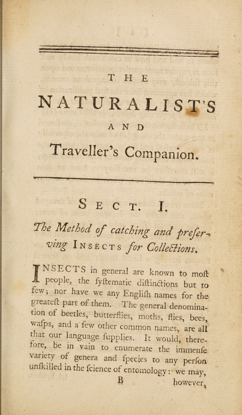 THE naturalis T’S AND Traveller’s Companion. Sect. I. *The Method of catching and prefer ving Insects for ColleElions-, T N S E C I S in genera] are known to moft . PeoP]e» t!le fyftematic diftinftions but to tew; nor have we any Englifh names for the. greateft part of them. The general denomina¬ tion of beetles, butterflies, moths, flies, bees, vtaips, and a few other common names, are all mat our language fupplies. It would, there- ore, be in vain to enumerate the immenfe V §enera and Ipecjes to any perfon un (killed in the fcience of entomology: we may, 8 however,