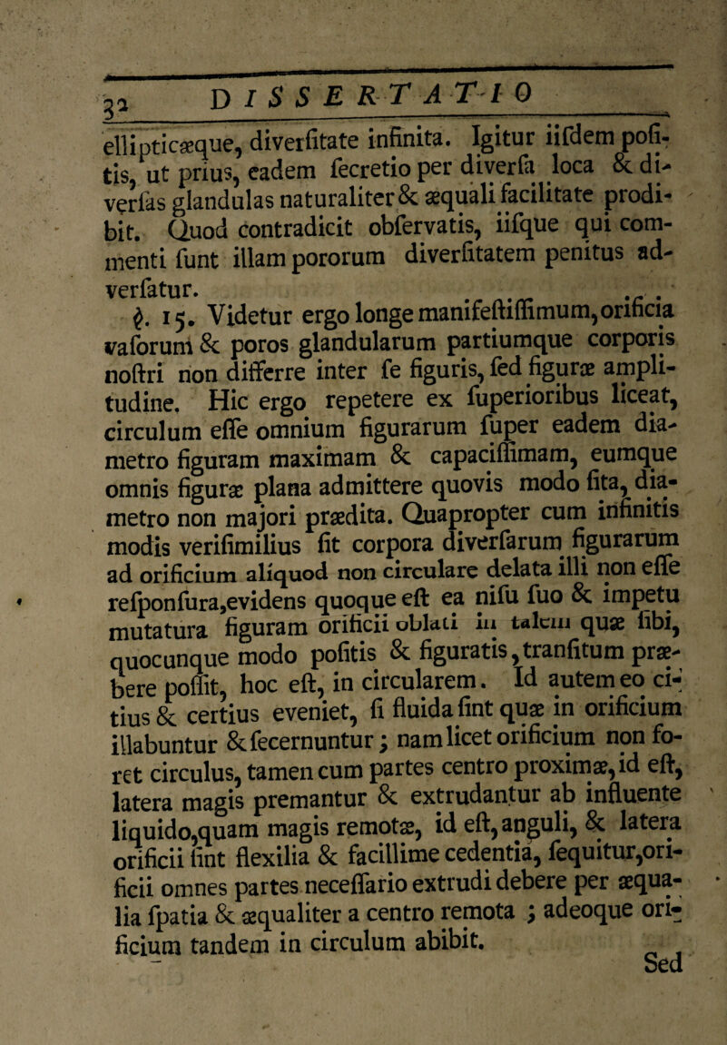 31 D I $ SERT ATI Q elfipticseque, diverfitate infinita. Igitur iifdem poti¬ tis, ut prius, eadem fecretio per diverfa loca & di¬ vertas glandulas naturaliter & aequali facilitate prodi¬ bit. Quod contradicit obfervatis, iifque qui com¬ menti funt illam pororum diverfitatem penitus ad- vcrin f 15. Videtur ergo longe manifeftiflimum,orificia vaforum & poros glandularum partiumque corporis noftri non differre inter fe figuris, fed figurae ampli¬ tudine. Hic ergo repetere ex fuperioribus liceat, circulum efle omnium figurarum fuper eadem dia¬ metro figuram maximam & capacilfimam, eumque omnis figurae plana admittere quovis modo fita, dia¬ metro non majori praedita. Quapropter cum infinitis modis verifimilius fit corpora diverfaruiu figurarum ad orificium aliquod non circulare delata illi non efle refponfura,evidens quoque eft ea nifu fuo Sc impetu mutatura figuram orificii oblati iu talem quae libi, quocunque modo politis & figuratis, tranfitum prae¬ bere poffit, hoc eft, in circularem. Id autem eo ci¬ tius & certius eveniet, fi fluida fint quae in orificium Hiabuntur &fecernuntur; nam licet orificium non fo¬ ret circulus, tamen cum partes centro proximae, id eft, latera magis premantur & extrudantur ab influente' liquido,quam magis remotae, id eft, anguli, & latera orificii fint flexilia & facillime cedentia, fequitur,ori¬ ficii omnes partes neceflario extrudi debere per aequa¬ lia fpatia & «qualiter a centro remota ; adeoque ori¬ ficium tandem in circulum abibit. Sed