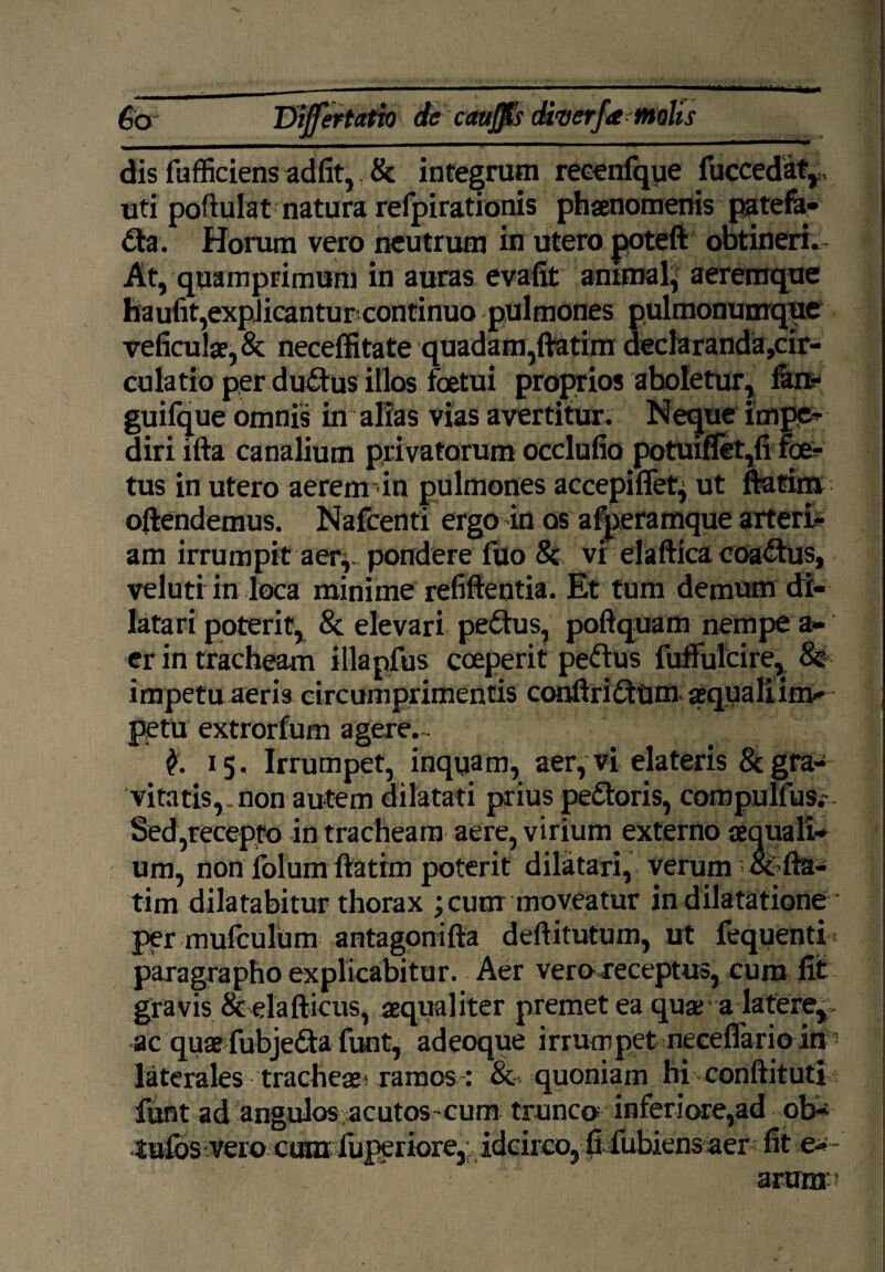 dis fufficiens adiit, & integrum reeenfque fuccedat,, uti poftulat natura refpirationis phaenomenis patefa¬ cta. Horum vero neutrum in utero poteft obtineri* At, quamprimum in auras evafit animal, aeremque haufit,expJicantur continuo pulmones pulmonumque veficu!ae,& neceffitate quadam,ftatim declaranda,cir- culatio per duCtus illos foetui proprios aboletur, farr- guifque omnis in alias vias avertitur. Netpie impe¬ diri ifta canalium privatorum occlufio potuiflet,fi foe¬ tus in utero aerem in pulmones accepiflet, ut ftatim oftendemus. Nafcenti ergo in os afperamque arteri¬ am irrumpit aer^ pondere fuo tk vi elaftica coaCtus, velutrin loca minime relidentia. Et tum demum di¬ latari poterit, & elevari pedus, poftquam nempe a- er in tracheam illapfus coeperit pedus fuifulcire, & impetu aeris circumprimentis conftridtim. aequali im¬ petu extrorfum a gere. ~ 1 15. Irrumpet, inquam, aer, vi elateris & gra¬ vitatis,. non autem dilatati prius pedoris, compulfus. Sed,recepto in tracheam aere, virium externo aequali¬ um, non folum ftatim poterit dilatari, verum & fta¬ tim dilatabitur thorax ; cum moveatur in dilatatione per mufculum antagonifta deftitutum, ut fequenti paragrapho explicabitur. Aer vero receptus, cura fii gravis & elafticus, aequaliter premet ea quae' a latere^ ac quae fubjeda funt, adeoque irrumpet neceflarioin- laterales tracheae* ramos: & quoniam hi conftituti funt ad angulos acutos-cum trunco inferiore,ad ob- Sufos vero ctau fuperiore, idcirco, fi fubiens aer fit e*~ . arum» t