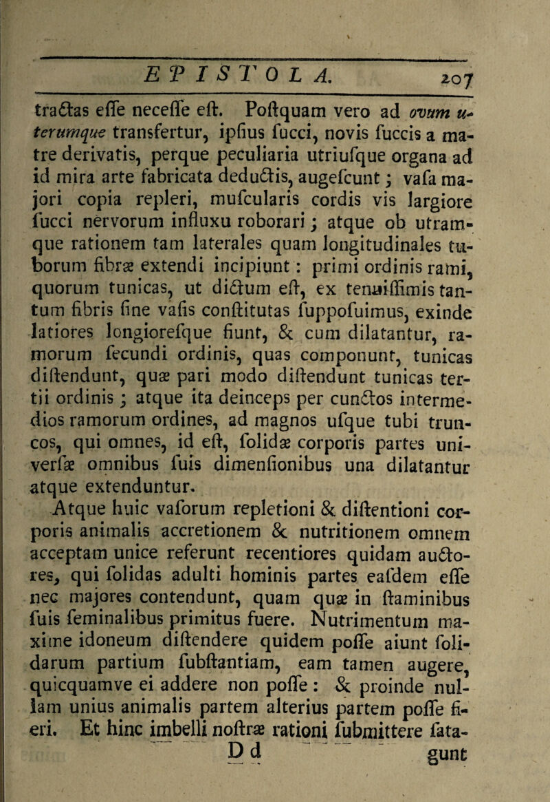 zoj tra&as efle necefle eft. Poftquam vero ad ovum «- terumque transfertur, ipfius fucci, novis fuccis a ma¬ tre derivatis, perque peculiaria utriufque organa ad id mira arte fabricata dedudtis, augefcunt; vafa ma¬ jori copia repleri, mufcularis cordis vis largiore fucci nervorum influxu roborari; atque ob utram¬ que rationem tam laterales quam longitudinales tu¬ borum fibrse extendi incipiunt: primi ordinis rami, quorum tunicas, ut didtum efl, ex tenaiffimis tan¬ tum fibris fine vafis conftitutas fuppofuimus, exinde latiores longiorefque fiunt, & cum dilatantur, ra¬ morum fecundi ordinis, quas componunt, tunicas diftendunt, quae pari modo diftendunt tunicas ter¬ tii ordinis; atque ita deinceps per cun&os interme¬ dios ramorum ordines, ad magnos ufque tubi trun¬ cos, qui omnes, id eft, folidse corporis partes uni- verfae omnibus luis dimenfionibus una dilatantur atque extenduntur. Atque huic vaforum repletioni & diftentioni cor¬ poris animalis accretionem & nutritionem omnem acceptam unice referunt recentiores quidam ausio¬ res, qui folidas adulti hominis partes eafdem efle nec majores contendunt, quam quas in flaminibus fuis feminalibus primitus fuere. Nutrimentum ma¬ xime idoneum diftendere quidem pofle aiunt foli- darum partium fubftantiam, eam tamen augere, quicquamve ei addere non pofle : & proinde nul¬ lam unius animalis partem alterius partem pofle fi¬ eri. Et hinc imbelli noftrte rationi fubmittere fata¬ li d “ gunt