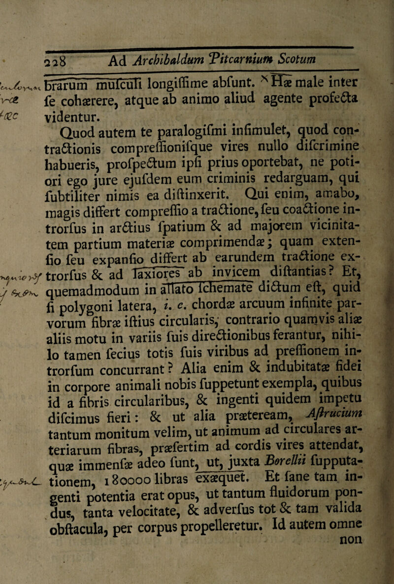 Erarum mulculi longifiime abfunt. N Hamale inter 'we fe cohaerere, atque ab animo aliud agente profeCta lt£c videntur. Quod autem te paralogifmi infimulet, quod con- tra&ionis compreffionifque vires nullo difcrimine habueris, profpe&um ipfi prius oportebat, ne poti- ori ego jure ejufdem eum criminis redarguam, qui fubtiliter nimis ea diftinxerit. Qui enim, amabo, magis differt compreflio a tra&ione, feu coaCtione in- - trorfus in arCtius fpatium & ad majorem vicinita¬ tem partium materiae comprimendae; quam exten- fio feu expanfio differt ab earundem traCtione ex- trorfus & ad laxiores ab invicem diftantias? Et, > quemadmodum in affato ichemate didum eft, quid fi polygoni latera, i. e. chordae arcuum infinite par¬ vorum fibrae iftius circularis,' contrario quamvis alis aliis motu in variis fuis directionibus ferantur, nihi¬ lo tamen fecius totis fuis viribus ad preffionem in- trorfum concurrant ? Alia enim & indubitatae fidei in corpore animali nobis fuppetunt exempla, quibus id a fibris circularibus, & ingenti quidem impetu difcimus fieri: & ut alia praeteream, Ajirudum tantum monitum velim, ut animum ad circulares ar¬ teriarum fibras, praefertim ad cordis vires attendat, qUae immenfae adeo funt, ut, juxta BoreUii fupputa- tionem, i80000 libras exaequet» Et fane tam in¬ genti potentia erat opus, ut tantum fluidorum pon¬ dus, tanta velocitate, & adverfus tot Sc tam valida obftacula, per corpus propelleretur. Id autem omne non