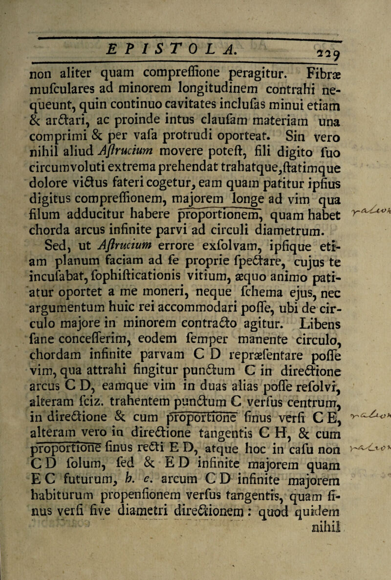 229 non aliter quam compreffione peragitur. Fibrae mufculares ad minorem longitudinem contrahi ne¬ queunt, quin continuo cavitates inclufas minui etiam & ardari, ac proinde intus claufam materiam una comprimi & per vafa protrudi oporteat. Sin vero nihil aliud AJlrucium movere poteft, fili digito fuo circumvoluti extrema prehendat trahatque,ftatimque dolore vidus fateri cogetur, eam quam patitur ipfius digitus comprefiionem, majorem longe ad vim qua filum adducitur habere proportionem, quam habet chorda arcus infinite parvi ad circuli diametrum. Sed, ut Aflrucium errore exfolvam, ipfique eti¬ am planum faciam ad fe proprie fpedare, cujus te incuiabat, fophifticationis vitium, aequo animo pati¬ atur oportet a me moneri, neque fchema ejus, nec argumentum huic rei accommodari pofle, ubi de cir¬ culo majore in minorem contrado agitur. Libens fane conceflerim, eodem femper manente circulo, chordam infinite parvam C D repraefentare pofle vim, qua attrahi fingitur pundum C in diredione arcus C D, eamque vim in duas alias pofle refolvi, alteram fciz. trahentem pundum C verfus centrum, in diredione & cum proportione finus verfi C E, alteram vero in diredione tangentis C H, & cum proportione finus redi E D, atque hoc in cafu non C D lolum, fed & E D infinite majorem quam EC futurum, b. e. arcum C D infinite majorem habiturum propenfionem verfus tangentis, quam fi¬ nus verfi five diametri diredionem: quod quidem