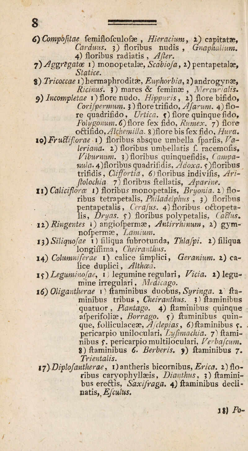 '% v ^ \ 6) Compofitae femiflofculofae , Hieraemm, i) capitatae, Carduus. 3) floribus nudis , Gnapkalium. 4) floribus radiatis , After. 7) Aggr$gatoe 1) monopetalae, Scabioja, 2)pentapetalse, Stßtice. S) Tricoccae 1) hermaphroditae, Euphorbia, 2)androgynse, Ricinus. 3) mares & feminae , Mercurialis. 9) Incompletae 1) flore nudo, Hippuris, i) flore bifido, Corifpermum. 3 ) flore trifido, Afarum. 4) flo¬ re quadrifido, Urtica. {) flore quinque fido, polygonum. 6) flore fex fido, Rumex. 7) flore oftifido,Alchemilla. 8)florebisfex£do, Hura. 10) FriMiflorae 1) floribus absque umbella fparfis, leriana. 2) floribus umbellatis f. racemofis. Viburnum. 3) floribus quinquefidis, Campa- nula. 4)floribus quadrifidis, Adoxa. ?)floribus trifidis, Cliffortia, 6) floribus indivifis, ftolochia 7) floribus flellatis, Aparine. 11) Calicifloroe 1) floribus monopetalis, Bryonia. 2) flo¬ ribus tetrapetalis, Philadelphus , 5) floribus pentapetalis, Cerajus. 4) floribus oftopeta- lis, Dryas. 7) floribus polypetalis, Cadrus* • 12) Ringentes 1) angiofpermae, Antirrhmum, 2) gym- nofpermae, Lamium. 13) Sili quoja e 1) filiqua fubrotunda, Thlaftpi. 2) filiqua ' longifiima, Cheiranthus. 14) Columniferae 1) calice fimplici, Geranium. 1) ca¬ lice duplici, Althcea. \f) Leguminojae, 1 > legumine regulari, 2) legu¬ mine irregulari, Medicago. 16) Oligantherae ri flaminibus duobus, Syringa. 1 fla¬ minibus tribus , Cheiranthus. 3) flaminibus quatuor , Plantago. 4) flaminibus quinque afperifoliae, Borrago. f) flaminibus quin¬ que, folliculaceae, A.jclepias, 6)flaminibus pericarpio uniloculari, Lyfimachia. 7) flami¬ nibus f. pericarpio multiloculari, Verba/cum. 8) flaminibus 6. Berberis; y) flaminibus 7. Trientalis. lj) Diplofantherae, i)antheris bicornibus, Erica. 2) flo¬ ribus caryophyllaeis, Dianthus, 3) flamini¬ bus ere6lis, Saxifraga. 4) flaminibus decli- natis,. EJ culus, a 8) A- «