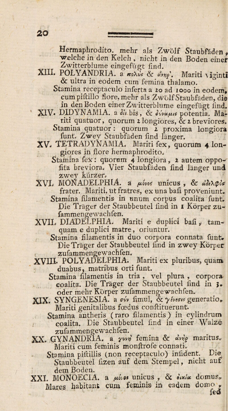 / 20 —— Hermaphrodito, mehr als Zwölf Staubfäden * welche in den Kelch , nicht in den Boden einer Zwitterblume eingefügt find. XIII. POLYANDRIA. a ftoXvV & Mariti 'sigintl & ultra in eodem cum femina thalamo. Stamina receptaculo inferta a 20 ad 1000 in eodem* cumpiflillo flore, mehr als Zwölf Staubfäden, die in den Boden einer Zwitterblume eingefügt lind. XIV. DIDYNAMIA. aÄVbis, & ävvci/uis potentia. Ma¬ riti quatuor, quorum 2 longiores, & 2 breviores. Stamina quatuor: quorum 1 proxima longiora funt. Zwey Staubfäden find länger. XV. TETRÄDYNAMIA* Mariti fex, quorum 4 lon¬ giores in flore hermaphrodito. Stamina fex: quorum 4 longiora, 2 autem oppo- fita breviora» Vier Staubfäden find länger und zwey kürzer, XVL MONADELPHLÄ. ä /uovos unicus , & a<J?X$oV frater. Mariti, ut fratres, ex una bali proveniunt. Stamina filamentis in unum corpus coalita funt. Die Träger der Staubbeutel find in 1 Körper zu- fammengewachfen. XVIL DIADELPHIA. Mariti e duplici bafi ? tam¬ quam e duplici matre, oriuntur. Stamina filamentis in duo corpora connata funt* Die Träger der Staubbeutel find in zwey Körper zufam m enge w a ch fen. XVIII* POLYADELPHIA. Mariti ex pluribus, quam duabus, matribus orti funt. Stamina filamentis in tria , vel plura , corpora coalita. Die Träger der Staubbeutel find in J* oder mehr Körper zufammenge wach fen» XIX. SYNGENESIA. a arvv lunul, <x ysvsats generatio* Mariti genitalibus foedus conflituerunt. Stamina antheris (raro filamentis) in cylindrum coalita. Die Staubbeutel find in einer Walze zufammenge wach fen. XX. GYN ANDRIA. a ywn femina & «vj/f maritus0 Mariti cum feminis monflrofe connati. Stamina piftillis (non receptaculo) inlident. Die Staubbeutel üzen auf dem Stempel, nicht auf dem Boden. XXL MÖNOECIA. a polos unicus , & »W* domus* Mares habitant cum feminis in eadem domo » fed