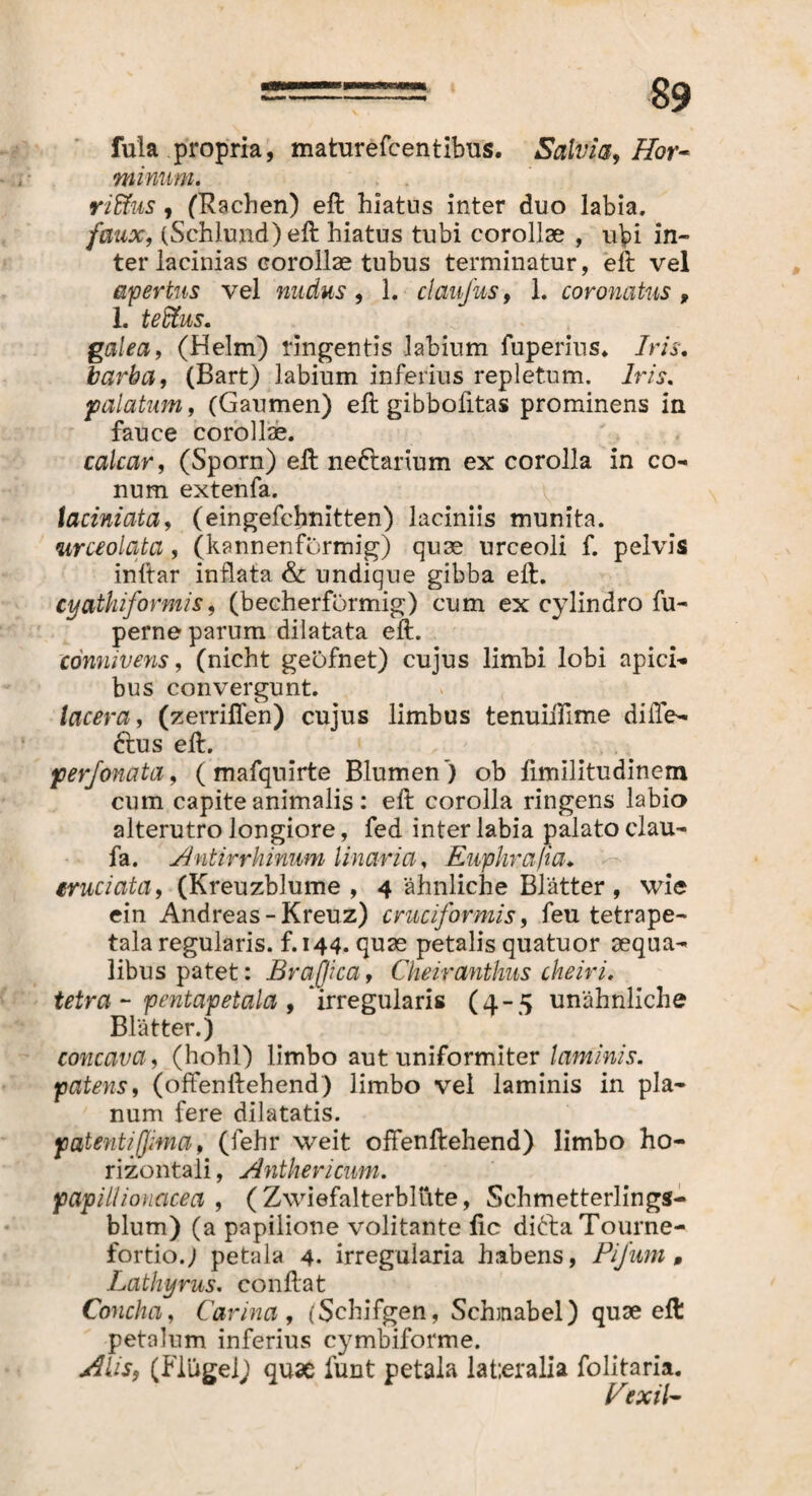 fula propria, maturefcentibus. Salvia, Hör- minum. riffius, (Rachen) eft hiatus inter duo labia. faux, (Schlund) eft hiatus tubi corollae , ubi in¬ ter lacinias corollas tubus terminatur, eft vel apertus vel nudus , L claufus, 1. coronatus , 1. teftus. galea, (Helm) tingentis labium fuperius* Iris. barba, (Bart) labium inferius repletum. Iris. palatum, (Gaumen) eft gibbofitas prominens in fauce corollae. calcar, (Sporn) eft nefrarium ex corolla in co¬ num extenfa. laciniata, (eingefchnitten) laciniis munita. urceolata, (kannenformig) quae urceoli f. pelvis inftar inflata & undique gibba eft. cyathiformis, (becherförmig) cum ex cylindro fu- perne parum dilatata eft. connivens, (nicht geofnet) cujus limbi lobi apici¬ bus convergunt. lacera, (zerriflen) cujus limbus tenuiftime diiTe— &us eft. perfonata, ( mafqnirte Blumen) ob fimilitudinem cum capite animalis: eft corolla ringens labio alterutro longiore, fed inter labia palato clau- fa. Antirrhinum Unaria, Eupkrafia♦ eruciata, (Kreuzblume , 4 ähnliche Blätter, wie ein Andreas-Kreuz) cruciformis, feu tetrape- tala regularis, f. 144. quas petalis quatuor aequa¬ libus patet: Br a fica, Cheirantlms cheiri. tetra - pentapetala , irregularis (4-5 unähnliche Blätter.) concava, (hohl) limbo aut uniformiter laminis. patens, (offenftehend) limbo vel laminis in pla¬ num fere dilatatis. patenti fima, (fehr weit offenftehend) limbo ho¬ rizontali , Anthericum. papillionacea , (Zwiefalterbliite, Schmetterlings- blum) (a papilione volitante fic dittaTourne- fortio.; petala 4. irregularia habens, Pifum , Lathyrus. conftat Concha, Carina , (Schifgen, Schmbel) quae eft petalum inferius cymbiforme. (Flügel) quae funt petala lat;eralia folitaria. ^px;/-