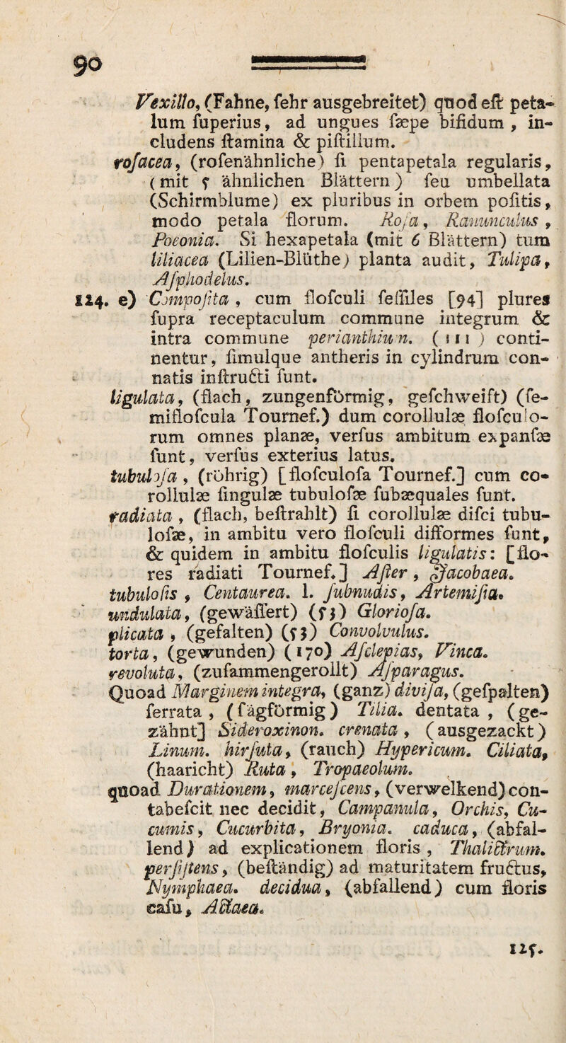 Vexillo, (Fahne, fehr ausgebreitet) quod eit peta¬ lum foperins, ad ungues faspe bifidum, in¬ cludens flamina & piftiilum. rojacea, (rofenähnliche) fi pentapetala regularis, (mit T ähnlichen Blättern) feu umbellata (Schirmblume) ex pluribus in orbem pofitis, modo petala florum. Ro,a, Ranunculus , Poeonia. Si hexapetala (mit 6 Blättern) tum Uliacea (Lilien-Blüthe; planta audit, Tulipa, Ajfhodelus. 114. e) Compoßta , cum flofculi feffiles [94] plures fupra receptaculum commune integrum & intra commune perianthiu n. ( 111 ) conti¬ nentur, fimulque antheris in cylindrum con¬ natis inftrufti funt. ligulata, (flach, zungenförmig, gefchweift) (fe¬ rn! ilofcula Tournef.) dum corollulac flofculo¬ rum omnes planae, verfus ambitum e^panfae funt, verius exterius latus. tubuhja , (rührig) [flofculofa Tournef.) cum co- rollulse flngulae tubulofae fubaequales funt. tadiata , (flach, beftrahlt) fi corollulae difci tubu- lofae, in ambitu vero flofculi difformes funt, & quidem in ambitu flofculis ligulatis: [flo¬ res radiati Tournef.) After, ßjacobaea, tubuloßs 9 Centaurea. 1. jubnudis, Artemißa. undulata, (gewäffert) (n) Gloriofa. plicata 9 (gefalten) (f$) Convolvulus. torta, (gewunden) (170) A/clepias, Vinca, revoluta, (zufammengerollt) AJ'paragus. Quoad Marginem integra, (ganz) divija, (gefpalten) ferrata , (fägfOrmig ) Tilia, dentata , (ge¬ zähnt) Sideroxinon, crenata , ( ausgezackt) Linum. hirjuta, (rauch) Hypericum. Ciliata9 (haaricht) Äta , Tropaeolum. quoad Durationem ? marce]'eens, (verwelkend) con- tabefeit nec decidit, Campanula, Orchis, Cm- cumis9 Cucurbita, Bryonia. caduca, (abfal¬ lend) ad explicationem floris , Thaliffirum, perßjtens, (beftändig) ad maturitatem fruftus, Nymphaea, decidua, (abfallend) cum floris cafu, AMaea«