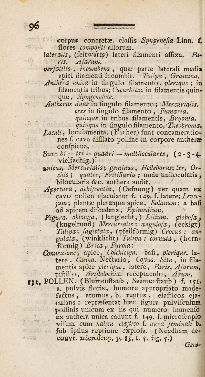 f $ß ' ; f .-S eorptts concretae. clafTis Syngeneßa Linn. £ ilores compoßti aliorum. lateralis, (feitwärfis) lateri filamenti affixa. Pa- ris. Ajarum. verfaiilis», incumbens , quae parte laterali media apici filamenti incumbit. Tulipa , Gramina. Antkera unica in fmgulo filamento, plerique ; in filamentis tribus; Cucurbita; in filamentis quin» que, Syngenefiae. Antherae duae in iingulo filamento; Mercurialis. tres in fmgulo filamento , Fumaria, quinque in tribus filamentis, Bryonia. quinque in fmgulo filamento,1 Theobroma, Loculi, loculamenta, (Fächer) funt concameratio¬ nes fi cava difflato polline in corpore antherae confpicua. Sunt bi — tri ~ quadri — multiloculares, (2-3-4. vielfachig.) unicus, Mercurialis; geminus, Helleborus', ter, Or¬ chis ; quater, Fritillaria ; unde unilocularis f bilocularis &e. anthera audit. Apertura, dehifcentia, (Oefnung) per quam ex cavo pollen ejaculatur f. 149. f. latere; Levco- jum', plantae pleraeque apice, Solanum: a bafi ad apicem difcedens , Epimedium. Figura, oblonga, (langlecht,) Lilium, globofa, (kugelrund) Mercurialis : anguloja, teckigt) Tulipa 1 Jagittata, (pfeilformig) Crocus: an¬ gulata, (winklicht) Tulipa: cornuta, (hcrn- furmig) Erica , Pyrola: Connexione', apice, Colchicum. bafi, plerique. la¬ tere . Canna. NeCtari o Cofius. Situ , in fila¬ mentis apice plerique, latere, Paris, Ajarum, piftillo, Arijiolockia. receptaculo, Arum. POLLEN, (Blumenftaub , Saamenftaub) f. ifl* a. pulvis floris, humore appropriato made¬ factus , atomos , b. ruptus , elafticos eja¬ culans : reprsefentat haec figura pulvifculum pollinis unicum ex iis qui numero immenfo ex anthera unica cadunt f. 149. f. microfcopio vifum cum halitu elajiico fi aura feminali b. fub ipfms ruptione explofa. (Needham de- couvr. microicop. p, 85, t. fig, f.) Geni-