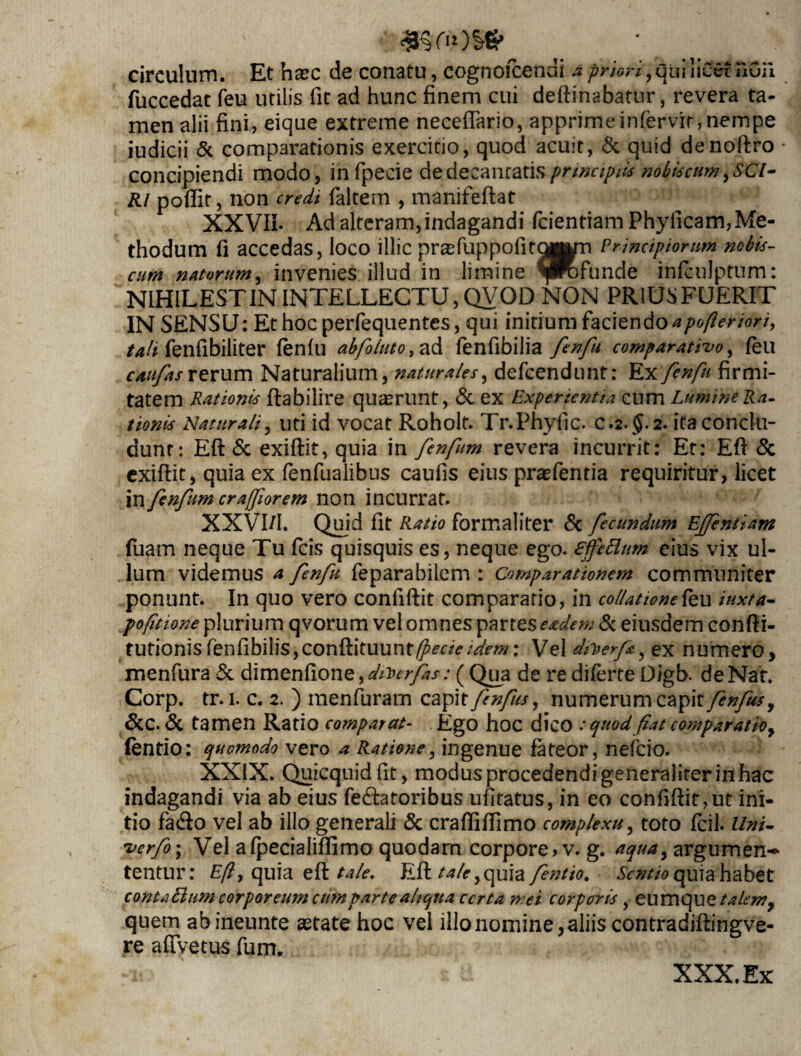 circulum. Et hxc de conatu, cognofcenai * priori, qui IiCer auii fuccedat feu utilis fit ad hunc finem cui deftinabatur, revera ta¬ men alii fini, eique extreme neceftario, apprimeinfervir,nempe iudicii & comparationis exercitio, quod acuit, & quid denoftro concipiendi modo, infpecie de decantatis principiis nobiscim>SCl- Rl poflif, non credi faltern , manifeftat XXVII- Ad alteram, indagandi fcientiam Phylleam, Me¬ thodum fi accedas, loco illic prasfuppofitQMwn Principiorum nobis- cum natorum, invenies illud in limine ^Rfunde infculptum: NIH1LESTIN INTELLECTU, QVOD NON PR1USFUERIT IN SENSU: Et hoc perfequentes, qui initium faciendo apofteriori, tali tenfibiliter fenfu abfoluto, ad fenfibilia fenfu comparativo, feu caufas rerum Naturalium, naturales, defeendunt: Ex 'fenfu firmi¬ tatem Rationis ftabilire quaerunt, & ex Experientia cum Lumine Ra¬ tionis Naturali, uti id vocat Roholt. Tr.Phyfic. c.2-§. 2. ita conclu¬ dunt: Eft & exiftit, quia in fenfum revera incurrit: Et: Efi & exiftit, quia ex fenfualibus caulis eius prasfentia requiritur, licet in fenfum craffiorem non incurrat. XXVI/I. Quid fit Ratio formaliter & fecundum Effentiam fuam neque Tu fcis quisquis es, neque ego. effeBum eius vix ul¬ lum videmus a fenfu feparabilem : Comparationem communiter ponunt. In quo vero confiftit comparatio, in collatione feu wxta- fo/itione plurium qvorum vel omnes partes eadem & eiusdem confti- tutionisfenfibilis,conftituunt^w>/<tfW#: Vel di^erfe,? ex numero, menfura & dimenfione, drterfas: ( Qua de re diferte D/gb. de Nar. Corp. tr. 1. c. 2. ) menfuram capit finfus, numerum capit fenfus, &c. & tamen Ratio comparat- Ego hoc dico .• quod fiat comparatioy (entio: quomodo vero a Ratione, ingenue fateor, nefeio. XXIX. Quicquidfit, modus procedendi generaliter in hac indagandi via ab eius Testatoribus ufitatus, in eo confiftit, ut ini¬ tio fa<fto vel ab illo generali & crafilfiimo complexu, toto fcil. Uni- vcrfo\ Vel afpecialifilmo quodam corpore, v. g. aqua, argumen^ tentur: Eftt quia eft tale. Eft tale ^ quia fentio, Sentio quia habet contaEhim corporeum cum parte aliqua certa mei corporis , eumque talerny quem abineunte astate hoc vel illo nomine, aliis contradiftingve- re aftVetus Tum» XXX. Ex