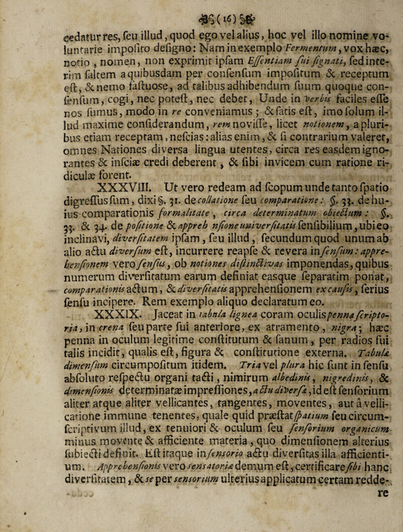#5 (!*)§# cedatur res, feu illud, quod ego vel alius, hoc vel illo nomine vo¬ luntarie impolito defigno: Nam in exemplo Fermentum, voxha»c> notio , nomen, non exprimit ipfam Ejfentiam fui fignati, fedinte- rim faltem a quibusdam per confenfum impofitum & receptum eft, <Scnemo faftuose, ad talibus adhibendum fuum quoque con- fenfum, cogi, nec poteft, nec debet, Unde in herbis faciles e fle nos fumus, modo in re conveniamus ; & fatis eft, imofolum il¬ lud maxime conftderandum, ^«novifle, licet notionem, a pluri¬ bus etiam receptam, nefcias: alias enim, & fi contrarium valeret, omnes Nationes diversa lingua utentes, circa res easdem igno¬ rantes & infcias credi deberent, & fibi invicem cum ratione ri¬ diculae forent. XXXVIII. Ut vero redeam ad fcopum unde tanto fpatio digreflus fum, dixi §. 31. de collatione feu comparatione: §. 33. de hu¬ ius comparationis formahtate , circa determinatum obidlum : §. 33. & 34. de pofitione &appreh nfoneuniverftatis fenfibiiffim ,ubieo inclinavi, diverftatem ipfam, feu illud, fecundum quod unum ab alio a&u diverfum eft, incurrere reapfe & revera in fenfum: appre- benfonem verofenfm, ob notiones diftinttivas imponendas, quibus numerum diverfitatum earum definiat easque feparatim ponat, comparationisaftum, &/i^r/fr^apprehenfionem excaufs, ferius fenfu incipere. Rem exemplo aliquo declaratum eo. XXXIX. Jaceat in iabnla lignea coram oculis pennaferipto- ria, in crena feu parte fui anteriore, ex atramento , nigra; haec penna in oculum legitime conftitutum & fanum, per radios fui talis incidit, qualis eft, figura & conftitutione externa. Tabula dimenfum circumpofitum itidem. Triawe, 1 plura hic funt in fenfu abfoluto refpe&u organi ta<fti, nimirum albedinis, nigredinis, & dimenfonls determinataeimpreflionts,a8udiy>erft,ideftfenforium aliter atque aliter vellicantes, tangentes, moventes, aut a velli¬ catione im mune tenentes, quale quid praeftaifpatium feucircum- fcriptivurn illud, ex tenuiori & oculum feu fenforium organicum minus movente & afficiente materia , quo dimenfionem alterius fubiecfti definit. Eft itaque infensor io a<5tu diverfitas illa afficienti¬ um. Apprebenftonis verosensatorU demum eft ,cerrificare/fo hanc divcrfitatem, & se per sensorum ulterius applicatum certam redde¬ re
