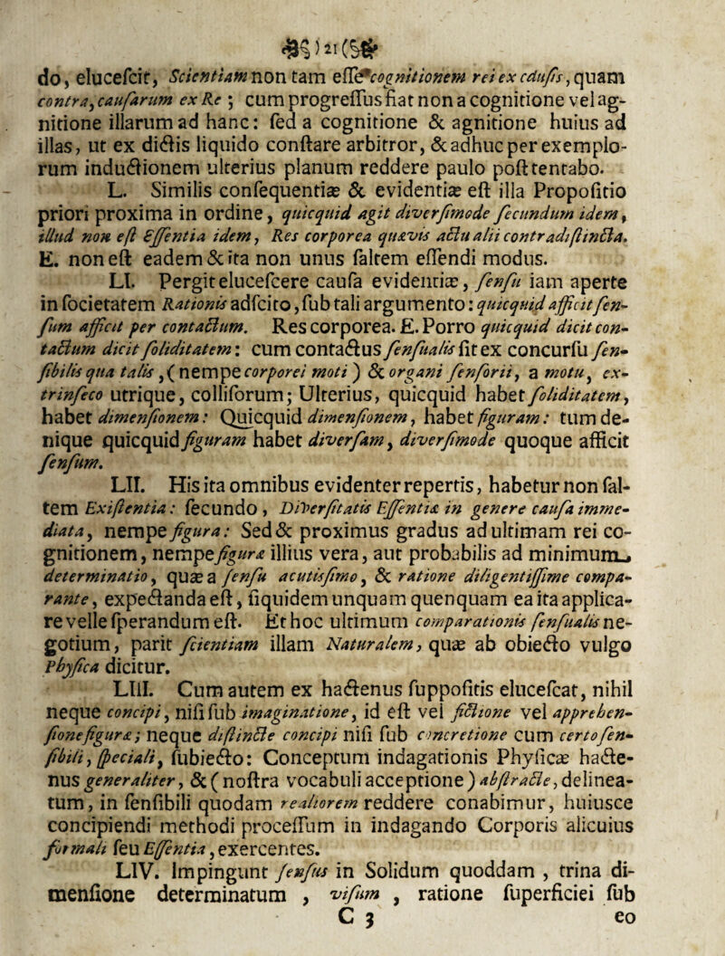 do, elucefcit, Scientiam non tam &&cognitionem reiexcdufis, quam contra> caufarum ex Re ; cum progrefifus fiat non a cognitione vel ag¬ nitione illarum ad hanc: fed a cognitione & agnitione huius ad illas, ut ex didis liquido conftare arbitror, & adhuc per exemplo¬ rum indudionem ulterius planum reddere paulo pofttentabo. L. Similis confequentiae & evidentia? eft illa Propofitio priori proxima in ordine, quicquid agit diverfmode fecundum idem% illud non eft Ejfentia idem, Res corporea quavis aBualii contradifttnBa, E. non eft eadem & ita non unus faltem eftendi modus. LI. Pergitelucefcere caufa evidentia?, fenfu iam aperte in focietatem Rationis adfeito, fub tali argumento: quicquid afficitfen- fum afficit per contaBum. Res corporea. E. Porro quicquid dicit con¬ taBum dicit fohditatem; cumcontadus fenfualis fit ex concurfu fen. fi'bilis qua talis ,( nempe corporei moti ) Sc organi fenforii, a motu ex- trinfeco utrique, colliforum; Ulterius, quicquid habet fohditatem, habet dimenfionem: Quicquid dimenfonem^ habet figuram: tum de¬ nique quicquid figuram habet diverfam, diverfimode quoque afficit fenfum. LII. His ita omnibus evidenter repertis, habetur non fal¬ tem Exiftentia: fecundo , DiVerft'tatis Ejfentia in genere caufa imme. diata, nempe figura: Sed& proximus gradus ad ultimam rei co¬ gnitionem, nempe figura illius vera, aut probabilis ad minimum.. determinatio, qua? a fenfu acutisfimo, <$c ratione diligentiffime compa¬ rante , expedandaeft, fiquidem unquam quenquam ea ita applica¬ re velle fperandum eft. Ethoc ultimum comparationis fenfualis ne¬ gotium, parit fcientiam illam Naturalem, qua? ab obiedo vulgo Pbyfica dicitur. LliL Cum autem ex hadenus fuppofitis elucefcat, nihil neque concipi, nifi fub imaginatione, id eft vel fiBione vel apprehen- fionefigura i neque diftinBe concipi nifi fub concretione cum certo fen. fibiii, (feciali y fubiedo: Conceptum indagationis Phyficas hade¬ nus generaliter, & ( noftra vocabuli acceptione ) abfiraBe, delinea- tum, in fenfibili quodam reahorem reddere conabimur, huiusce concipiendi methodi proceftlim in indagando Corporis alicuius ftmdh feu E(fintia, exercentes. L1V. Impingunt fenfis in Solidum quoddam , trina di- menfione determinatum , vifum , ratione fuperficiei fub C 3 eo