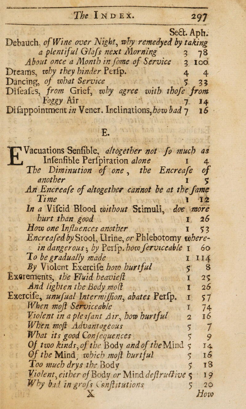 Se£t Aph. Debauch, of Wine over Nighty why rente Aye A by taking a plentiful Glajs next Morning 3 78 About once a Month in feme of Service 3 iod Dreams, why they hinder Perfp. 4 4 Dancing, of what Service $ 33 DifeafcS, from Grief, why agree with thofe front Foggy Mu *\ , . 7 14 Difappointment in Vener. Inclinations,how bad 7 16 E E. Vacuations Senfible, altogether not fo much as Infenfible Perforation alone 1 4 The Diminution of one, the Encreafe of another 1 5 An Encreafe of altogether cannot be at the fame Time v 1 12 In a Vifcid Blood without Stimuli, doe more hurt than good . 1 26 How one Influences another *53 Encreafedby Stool, Urine, or Phlebotomy where- 60 114 8 2$ 26 51 74 16 7 9 14 i3 • 1 9 20 How //? dangerous * iy Perfp. howferviceable To be gradually made By Violent Exercife for# hurtful Excrements, the Fluid heavieft And lighten the Body mod Exercife, unufual Intermijfion, abates Perfp, When mojl Serviceable Violent in a pie'ifant Air, fow hurtful When mofi Advantageous What its good Confequences Of two kindr, of the Body and of the Mind Of the Mind, which mojl burtjul Too much drys the Body Violent \ either of Body or Mind defl ruflive $ Why bad in grofs Conflitutions 5 I 5 1 I 1 1 2 5 5 5 5 5