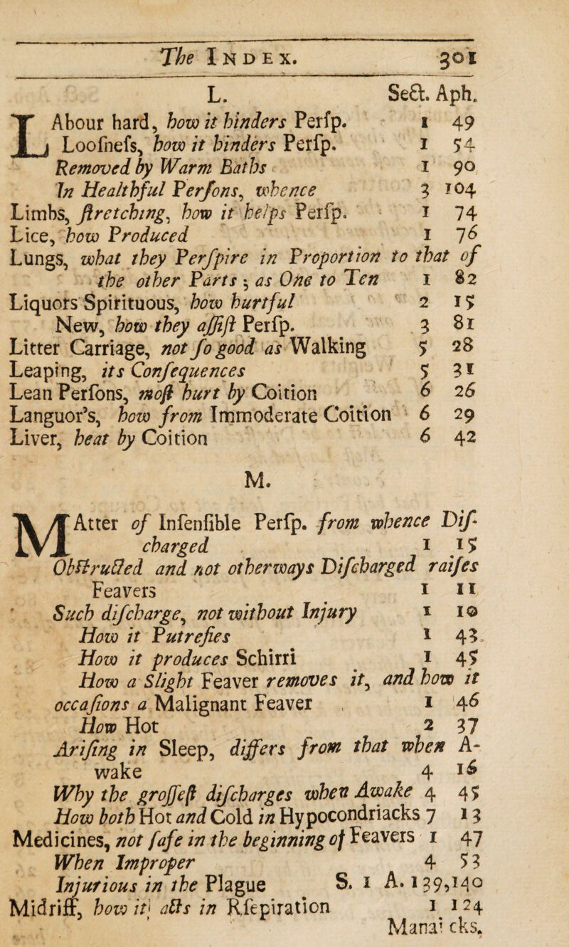 L. LAbour hard, how it hinders Perfp. Loofnefs, how it hinders Perfp. Removed by Warm Baths In Healthful Per/ons, whence Limbs, firetching, how it kelps Perfp, Lice, how Produced Se£t. Aph. i 49 I 54 I 90 3 104 1 74 1 7 6 Lungs, what they Perfpire in Proportion to that of the other Parts 5 as One to Ten Liquors Spirituous, how hurtful New, how they affijl Perfp. Litter Carriage, not Jo good as Walking Leaping, its Confequences Lean Perfons, ntofi hurt by Coition Languor’s, how from Immoderate Coition Liver, heat by Coition 1 2 3 5 5 6 6 6 $2 15 81 28 2 6 29 42 M. MAtter of Infenfible Perfp. from whence Dif charged , 1 *5 ObUruQed and not otherways Difcbarged raifes Feavers . 1 11 Such dif charge, not without Injury 1 1© How it Putrefies 1 43. How it produces Schirri 1 4? How a Slight Feaver removes it, and how it occafions a Malignant Feaver 1 46 How Hot 2 ^7 Arifing in Sleep, differs from that when A- wake 4 Why the groffefl dfcharges when Awake 4 45 How both Hot and Cold in Hypocondriacks 7 13 Medicines, not fafe in the beginning of Feavers 1 47 When Improper 4 53 Injurious in the Plague S. i A. 139,140 Midriff, how it* aids in Rfepiration 1 124 Mana* cks.