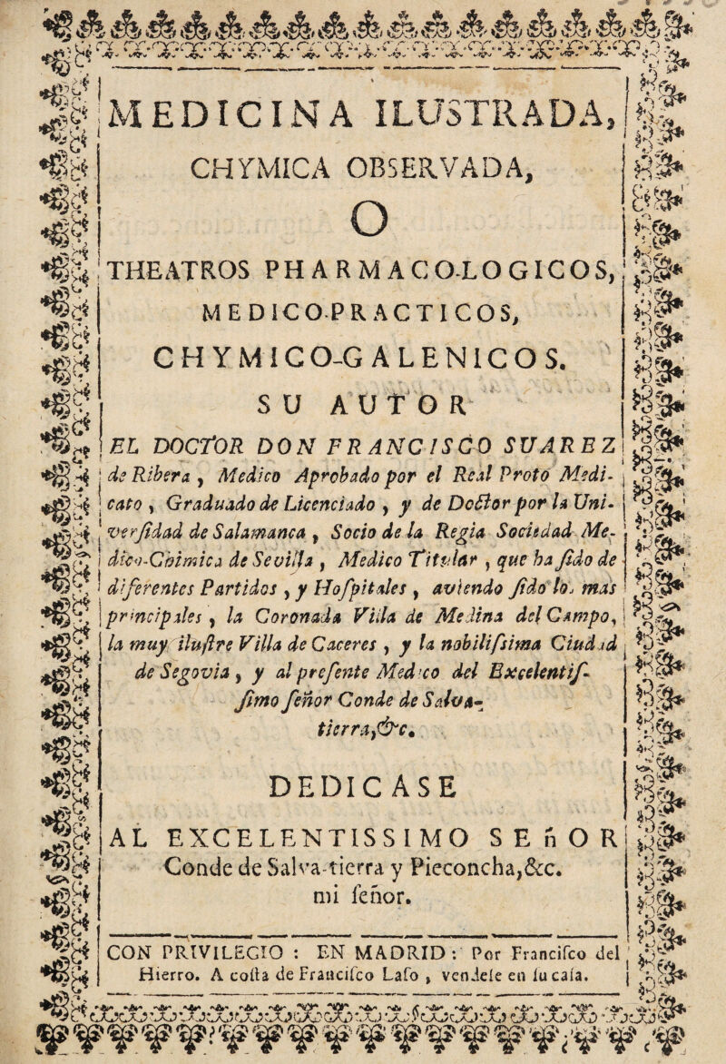 Je- MEDICINA ILUSTRADA, f r * ¿ 0 .1\ VI m CHr MIC A OBSERVADA, O ■fe ! THE ATROS PH A R M A C O LO G ICOS, m *§ &£* *P* T’gf* %$* s m* m MEDICO PRACTICOS, CHYM ICO-GALENICOS. SU AUTOR EL DOCTOR DON FRANC ¡SCO SUAREZ , HU UUKui UlC L/U ¿\ rívn.ÍYLilJLiU J U/HÍE A *Q SW j Ribera y Medico Aprobado por el Real Froto Medí- ¡ ,*VkVd¿ l r/itn . Crr/iriu.iAn Aj> T .irfivtria/i.n . m sh> Pífí/^ñv finf* La Llvil- ! ’ $iS*f : cato y Graduado de Licenciado y y de DcBor por la XJni '■ zP> * - /? i . r- i o i « r i 1 r» ! n . _í. t _ J *>r. •gíi «a* i verfidad de Salamanca f Socio de la Regia Sociedad Me- 7:^ ,, i díco-Cbimica de Sevilla , Medico Titular } que ha fido de I diferentes Partidos , y Hofpitales y aviendo fido lo, mas Sí é % S «c principales y la Coronada Villa de Medina del Campo^ j ^ ^ la muy iluftre Villa de Caceres y y la nobilifsima Ciudad de Segovia y y alprefente Medico del Excelentf fimo fieñor Conde de Salva* tkrrafific. DEDICASE ] >‘-3* 1 v-, «32* $¡AL EXCELENTISS I MO SEñOR¡g|» *€$ *s Conde de Salva tierra y Pieeoncha,&c. mi leñor. €1* •J/ CON PRIVILEGIO : EN MADRID: Por Fnncifco del j Hierro. A coila de Fraacifco Lafo » vendeíe en íucaía. j «/¡t* •va.' •'A* •nít' tói* “’iEtr nov* A /f ■'«a** <'JV' •’^ar *'*'?>' ».ar CAA ’X;Jjc/J CAA ¡iAD GXA XaJ .C*JyCAJc*AJ:X) ÜU0ÜCJG3