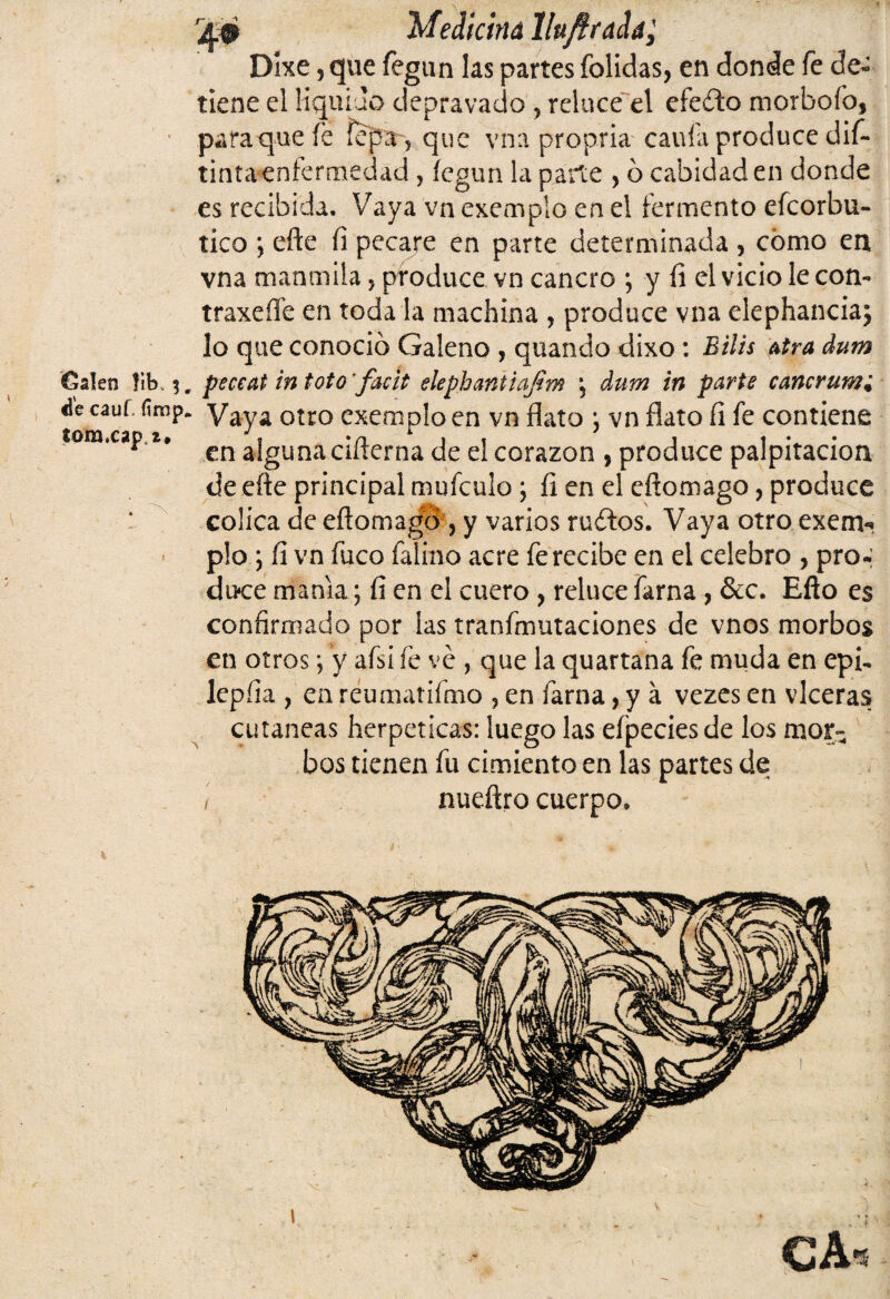 Mediciná llujfrada, Dixe, que fegun las partes folidas, en donde fe de¬ tiene el liquido depravado ? reluce el efefto morboío, para que fe íepa 5 que vna propria caula produce dif- tinta enfermedad , ícgun la parte , ó cabidad en donde es recibida. Vaya vn exempio en el fermento efcorbu- tico i eñe íi pecare en parte determinada , cómo en vna manmiia , produce vn cancro ; y íi el vicio le con- traxeffe en toda la machina , produce vna elephancia; lo que conoció Galeno , quando dixo : Bilis Afra dum €s!en líb, 5. peceat in toto 'facit elephantiafím \ dum in parte cancrum; ic cauf ítmp. yaya 0it0 exempio en vn flato } vn flato íi fe contiene en alguna ciflerna de el corazón , produce palpitación de efte principal mu fea lo ; íi en el eftomago, produce cólica de eftomago , y varios mitos. Vaya otro exem^ pío ; fi vn fuco falino acre fe recibe en el celebro , pro-: dt>ce manía; fi en el cuero , reluce farna , &c. Efto es confirmado por las tranfmutaciones de vnos morbos en otros *, y afsi fe ve , que la quartana fe muda en epb lepíia , en reumatifmo ? en farna, y a vezes en vlceras cutáneas herpeticas: luego las eípecies de los mor¬ bos tienen fu cimiento en las partes de i nueftro cuerpo»