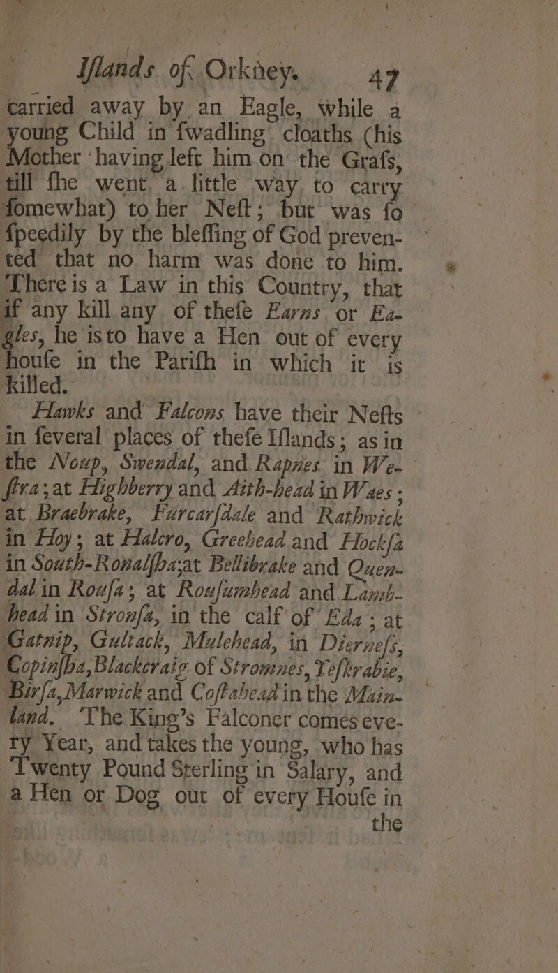 carried away by an Eagle, while a young Child in fwadling’ cloaths (his Mother ‘having left him on the Grafs, till fhe went, a little way. to carry fomewhat) to her Neft; but was fo {peedily by the bleffing of God preven- ~ ted that no harm was done to him. ‘There is a Law in this Country, that uw any kill any of thefe Earns or Ez- gles, he isto have a Hen out of every houfe in the Parifh in which it is killed. : | Hawks and Falcons have their Nefts in feveral places of thefe Iflands; asin the Noup, Swendal, and Rapwes in We fira,at Eighberry and Aith-head in Wes : at Braebrake, Furcar[dale and Rathwick in Hoy; at Halcro, Greebead and Hock/a in South-Ronalfba;at Bellibrake and Quen- dabin Roufa; at Rosfumbend and Lanb- head in Stronfa, in the calf of Eda at Gatnip, Gultack, Mulehead, in Diernefs, Copinfha,Blackcraic of Stromnes, Teflr abie, Birfa, Marwick and Coftabeadin the Main- land. ‘The King’s Falconer comes eve- ty Year, and takes the young, who has Twenty Pound Sterling in Salary, and a Hen or Dog out of every Houfe in ORR the
