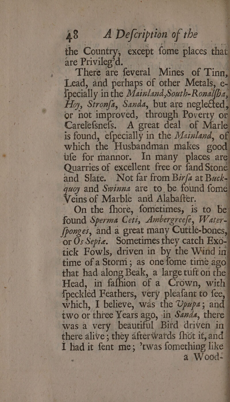 the Country, except fome places that are Privilege wens an; oa _ There are feveral Mines of Tinn, Lead, and perhaps of other Metals, e- {pecially in the Mainland,South-Ronallba, Hoy, Stronfa, Sanda, but are neglected, or not improved, through Poverty or Carelefsnefs. A great deal of Marle is found, efpecially in the Mainland, of which the Husbandman makes good ufe for mannor. In many places are Quarries of excellent free or {and Stone and Slate. Not far from Bér/a at Buck- quoy and Swinna are to be found fome Veins of Marble and Alabafter. ] - On the fhore, fometimes, is to be found Sperma Ceti, Ambergreefe, Water- time of a Storm; as one fome time ago that had along Beak, a large tuft on the Head, in fafhion of a Crown, with fpeckled Feathers, very pleafant to fee, which, I believe, was the Upapa; and two or three Years ago, -in Sanda, there was a very beautiful Bitd driven in there alive; they afterwaids fhot if, and’ I liad it fent me; ’twas fomething like © a Wood--