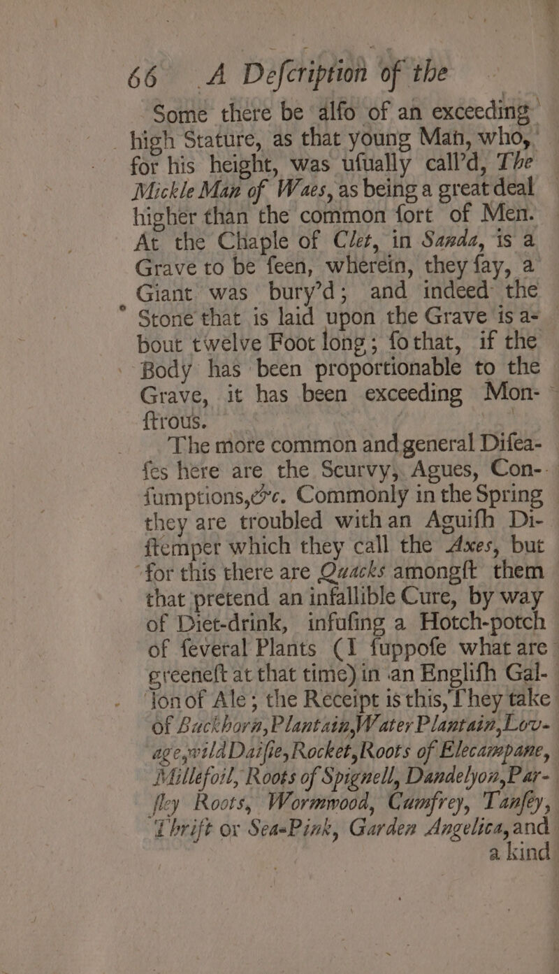 Some there be alfo of an exceeding _ high Stature, as that young Mah, who,’ for his height, was ufually call’d, The Mickle Man of Waes, as being a greatdeal — higher than the common fort of Men. At the Chaple of Clet, in Sanda, is a Grave to be feen, wherein, they fay, a Giant was bury’d; and indeed the ° Stone that is laid upon the Grave is a= bout twelve Foot long; fothat, if the Body has been proportionable to the Grave, it has been exceeding Mon- © ftrous. | The more common and general Difea- fes here are the Scurvy, Agues, Con-. fumptions,ec. Commonly in the Spring — they are troubled with an Aguifh Di- {temper which they call the Axes, but “for this there are Quacks amongft them &gt; that ‘pretend an infallible Cure, by way of Diet-drink, infoufing a Hotch-potch — of feveral Plants (1 fuppofe what are © ereeneft at that time) in an Englifh Gal- | Yonof Ale; the Receipt is this, They take of Buckhorn, Plantain,W ater Plantain, Lov. age,wtld Daifie,Rocket,Roots of Elecampane, Millefoit, Roots of Spignell, Dandelyon,Par- fley Roots, Wormwood, Cumfrey, Tanfey, i brift or SeasPink, Garden a ge a kind
