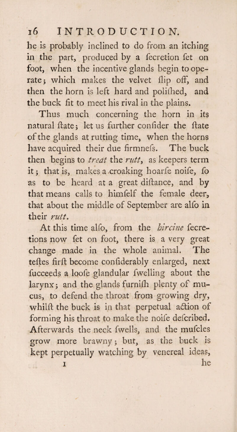 he is probably inclined to do from an itching in the part, produced by a fecretion fet on foot, when the incentive glands begin to ope¬ rate 5 which makes the velvet flip off, and then the horn is left hard and polifhed, and the buck fit to meet his rival in the plains. Thus much concerning the horn in its natural ftate; let us further confider the ilate of the glands at rutting time, when the horns have acquired their due firmnefs. The buck then begins to treat the rutty as keepers term it; that is, makesaxroaking hoarfe noife, fo as to be heard at a great diftance, and by that means calls to himfelf the female deer, that about the middle of September are alfo in their rutt. At this time alfo, from the hircine fecre- tions now fet on foot, there is a very great change made in the whole animal. The teftes firfl become confiderably enlarged, next fucceeds a loofe glandular fwelling about the larynx; and the glands furnifli plenty of mu¬ cus, to defend the throat from growing dry, whilfl the buck is in that perpetual adtion of forming his throat to make the noife defcribed. Afterwards the neck fweils, and the mufcles grow more brawny; but, as the buck is kept perpetually watching by venereal ideas, I he