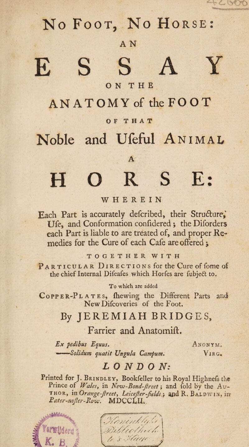 w C- {M.70 No Foot, No Horse: A N ESSAY O N T H E ANATOMY of the FOOT OF THAT Noble and Ufeful Animal A HORSE: WHEREIN Each Part is accurately defer ibed, their Structure,' Ufe, and Conformation confidered ; the Diforders each Part is liable to are treated of, and proper Re¬ medies for the Cure of each Cafe are offered 9 TOGETHER WITH Particular Directions for the Cure of fome of the chief Internal Difeafes which Horfes are fubjeft to. To which are added CoppER-Plates, (hewing the Different Parts and NewDifcoveries of the Foot. By JEREMIAH BRIDGES, Farrier and Anatomift. Ex pedibus Equus. Solidum quatit Ungula Campum. Anonym. VlRG, LONDON: Printed for ]. Brindley, Bookfeller to his Royal Highnefs the Prince of IVales, in New-Bond-fireet; and fold by the Au¬ thor, in Orange -jireet, Lei cefier-fields T and R, Baldwin, in- JPater-nofier-Row, M DC CLIP. ^ a7/~ /</• - / [ ((■ ' /// r S />' V ir y/sss/s- . 4