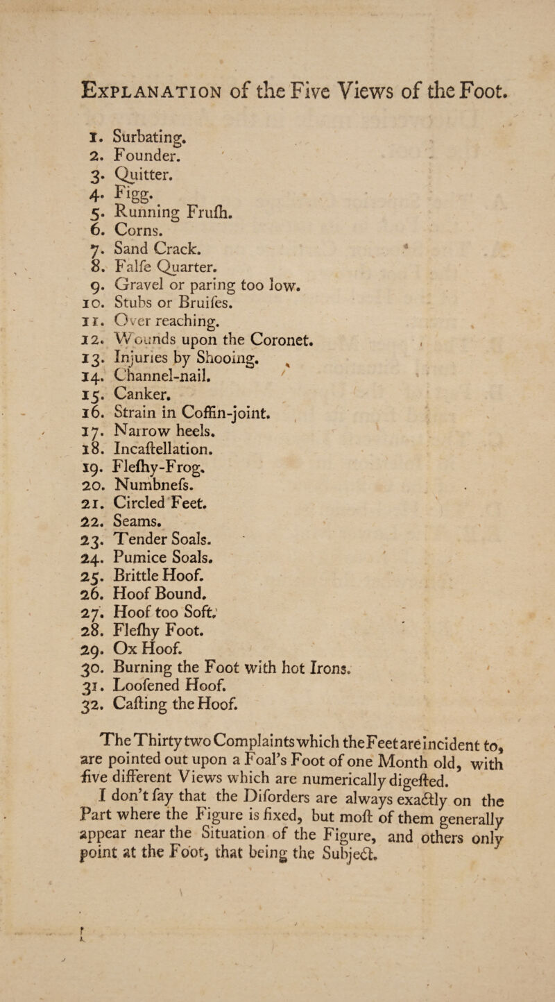 Explanation of the Five Views of the Foot. 1. Surbating. 2. Founder. 3. Quitter. 4- Figg. 5. Running Frufh. 6. Corns. 7. Sand Crack. 8. Falfe Quarter. 9. Gravel or paring too low. 10. Stubs or Bruifes. 11. Overreaching. 12. Wounds upon the Coronet. 13. Injuries by Shooing. 14. Channel-nail. 15. Canker. 16. Strain in Coffin-joint. 17. Nairow heels. 18. Incaftellation. 19. Flefhy-Frog. 20. Numbnefs. 21. Circled Feet. 22. Seams. 23. Tender Soals. 24. Pumice Soals. 25. Brittle Hoof. 26. Hoof Bound. 27. Hoof too Soft; 28. Flefhy Foot. 29. Ox Hoof. 30. Burning the Foot with hot Irons. ' 31. Loofened Hoof. 32. Calling the Hoof. The Thirty two Complaints which the Feet are incident to, are pointed out upon a Foal’s Foot of one Month old, with five different Views which are numerically digefted. I don’t fay that the Diforders are always exaftly on the Part where the Figure is fixed, but moft of them generally appear near the Situation of the Figure, and others only point at the Foot, that being the Subject. \ „ 5 • ; . r *