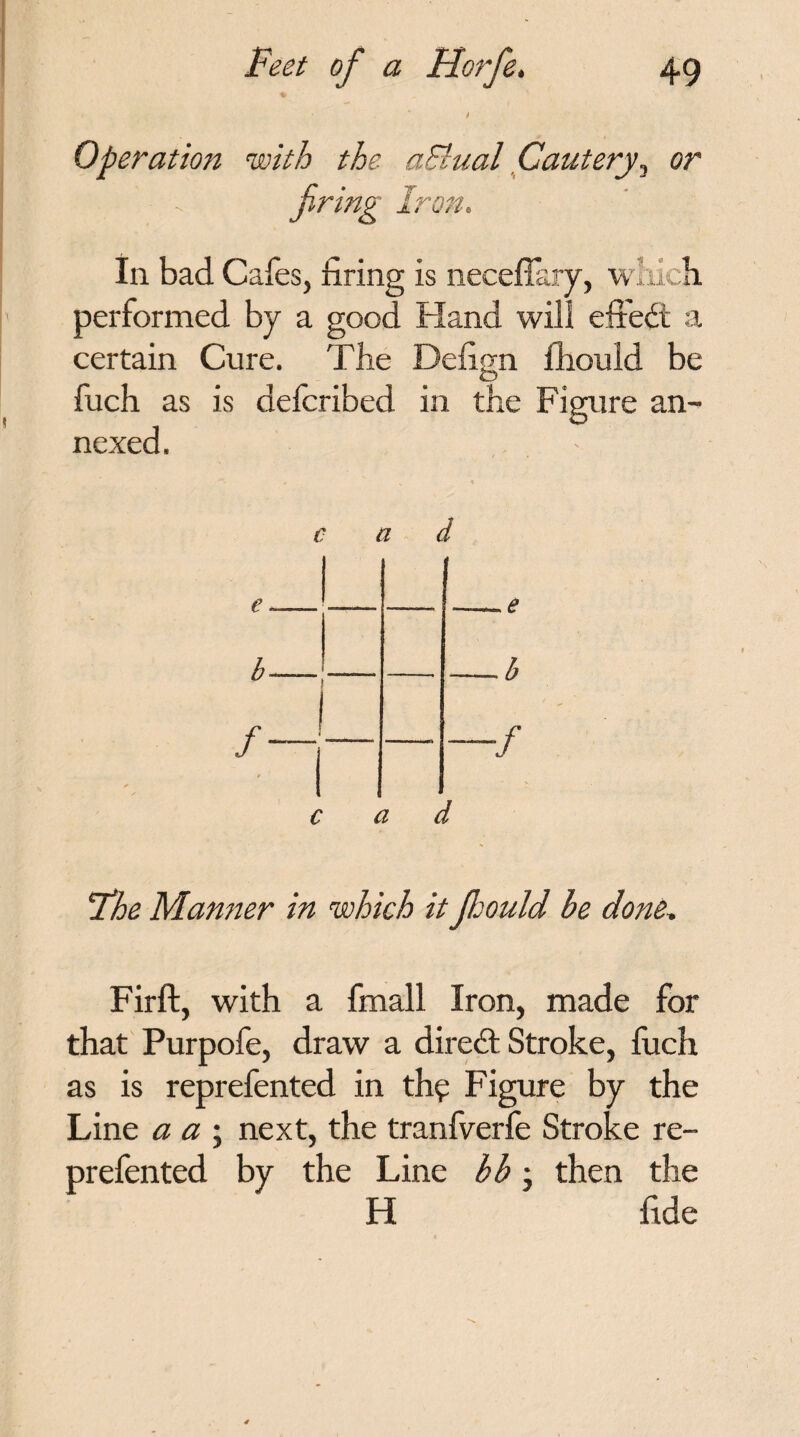 ‘ .  » Operation with the aBual Cautery^ or firing Iron. In bad Cafes, firing is necefl&rv, which performed by a good Hand will effect a certain Cure. The Defign fhould be fuch as is defcribed in the Figure an¬ nexed. The Manner in which it fieould be done. Firft, with a fmall Iron, made for that Purpofe, draw a direct Stroke, fuch as is reprefented in thp Figure by the Line a a ; next, the tranfverfe Stroke re¬ prefented by the Line bb; then the H fide