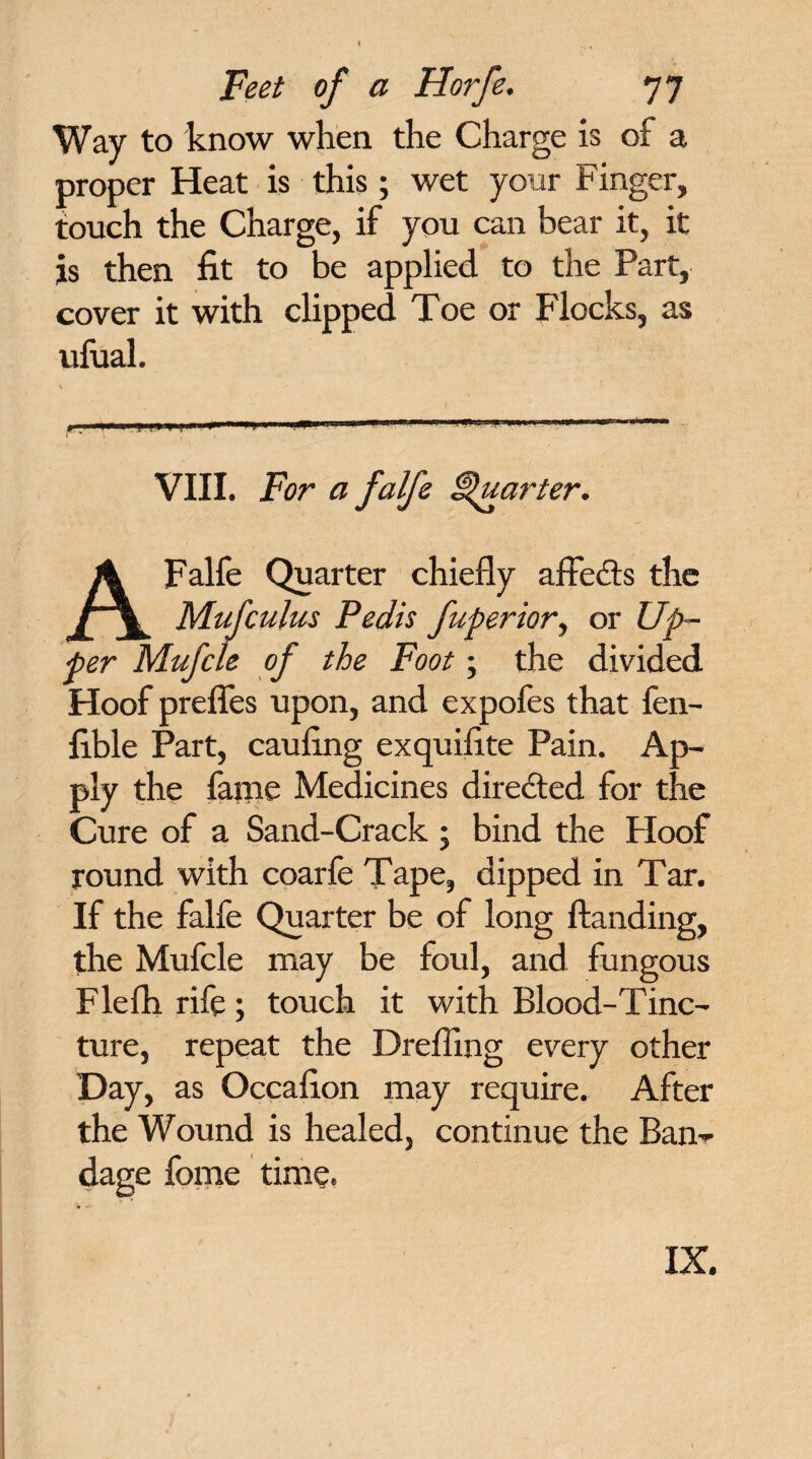 \ Feet of a Horfe. 77 Way to know when the Charge is of a proper Heat is this; wet your Finger, touch the Charge, if you can bear it, it is then fit to be applied to the Part, cover it with clipped Toe or Flocks, as ufual. - ■ i “ . ^ 1 ***JMU»*x*xa* m in.1 mmu ■tMmmm . . VIII. For a falfe Quarter. A Falfe Quarter chiefly affedfs the Mufculus Pedis fuperior, or Up¬ per Mufcle of the Foot; the divided Hoof prefles upon, and expofes that fen- fible Part, caufing exquifite Pain. Ap¬ ply the fame Medicines directed for the Cure of a Sand-Crack ; bind the Floof round with coarfe Tape, dipped in Tar. If the falfe Quarter be of long Handing, the Mufcle may be foul, and fungous Flefh rife; touch it with Blood-Tinc¬ ture, repeat the Drefling every other Day, as Occafion may require. After the Wound is healed, continue the Bam dage feme time.