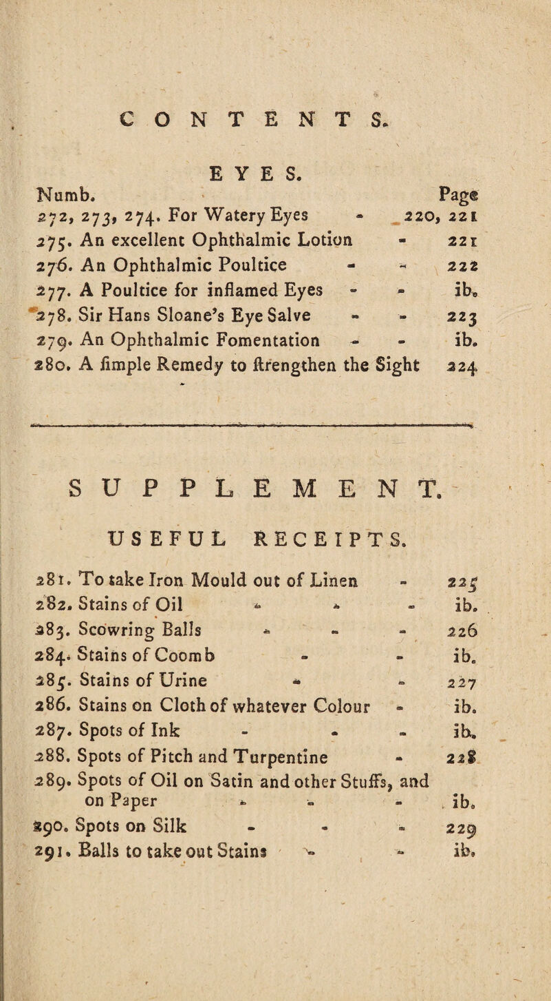 EYES. Numb. Pag® 272, 273, 274. For Watery Eyes - 220, 221 275. An excellent Ophthalmic Lotion - 221 276. An Ophthalmic Poultice - - 222 277. A Poultice for inflamed Eyes - - ibB 278. Sir Hans Sloane’s Eye Salve - - 223 279. An Ophthalmic Fomentation - - ib. 280. A Ample Remedy to ftrengthen the Sight 224 SUPPLEMENT.- USEFUL RECEIPTS. 281. To take Iron Mould out of Linen - 22* 282. Stains of Oil *■ * - ib. 283. Scowring Balls * 226 284. Stains of Coomb - - ib„ 283;. Stains of Urine - ~ 227 286. Stains on Cloth of whatever Colour - ib. 287. Spots of Ink - - - ib, 288. Spots of Pitch and Turpentine - 22% 289. Spots of Oil on Satin and other Stuffs, and on Paper *> - ib. 290. Spots on Silk - 229 291. Balls to take out Stains «* - ib.