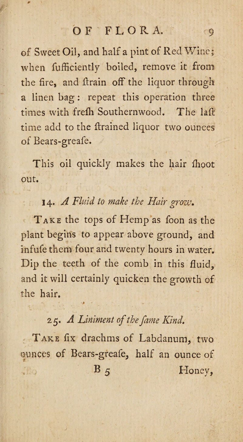 of Sweet Oil, and half a pint of Red Wine; when diffidently boiled, remove it from the fire, and drain off the liquor through a linen bag : repeat this operation three times with frelh Southernwood. The laft time add to the drained liquor two ounces of Bears-greafe. / Th is oil quickly makes the hair ihoot out. 14. A Fluid to make the Hair grow. Take the tops of Hemp as foon as the plant begins to appear above ground, and infufe them four and twenty hours in water. Dip the teeth of the comb in this fluid, and it will certainly quicken the growth of the hair. 25. A Liniment of the fame Kind. Take fix drachms of Labdanum, two ounces of Bears-greafe, half an ounce of B 5 Honey,