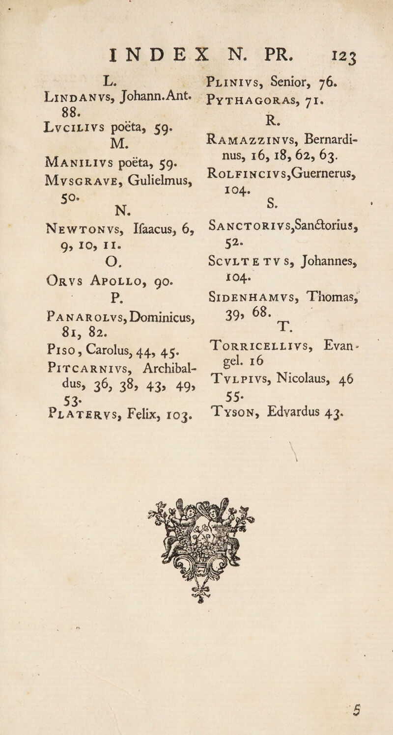 L. Lindanvs, Johann.Ant. 88. Lvcilivs poeta, 59. M. Manilivs poeta, 59. Mvsgrave, Gulielmus, 50* N. Newtonvs, Ifaacus, 6, 9> 10, II. O, Orvs Apollo, 90. P. Pa N AR oLvs, Dominicus, 81, 82, Piso, Carolus, 44, 45, PiTCARNivs, Archibal- 36, 38. 43> 49> o 53- Platervs, Felix, 103. Plinivs, Senior, 76. Pythagoras, 71. R. Ramazzinvs, Bernardi- nus, 16,18, 62, 63. Rolfincivs jGuernerus, 104. S. Sanctoriv SjSandtorius, 52. ScvLT E TV s, Johannes, X04. SiDENHAMVs, Thomas, 39, 68. T. Torricellivs, Evan- gei. 16 Tvlpivs, Nicolaus, 46 55- Tyson, Edvardus 43. 5