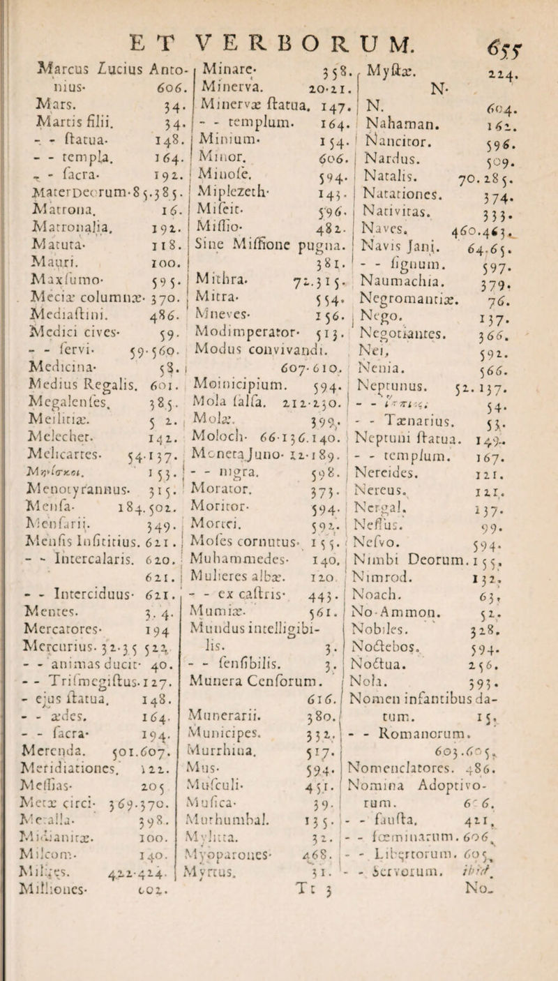 Marcus lucius Anto- Minare* 3 58. . Myllae. mus* Mars. Marcis filii. - - ftacua* - rem pfa. - - facra* 606. 34* 34- 148. I 64. 192. Minerva. 20*11 Minervae flarua. 147, templum* 164. 16. 191 Materoec rum-8 ^.385. Alatrona. Matronalia. AI acuta* AI auri. Alaxlumo- Alecix columnae Aiediaftini. Alcdici cives* - - fervi* Medicina* Medius Regalis. Megalen les. Alei lina:. Melecher. Alelicarres M wtfTKOl. Alenoiy rannus Minium* Minor. Minoie. Miplezeth- Mifeit* Miflio* 154* 606 • 594. 143. 59 6 • 481 118. Sine Miftione pugna. ! Navis Jani. N* N. Nahaman. Nlanciror. Nardus. Natalis. Natationes. Nativitas. Naves. Alenfa* Aienfarii. Alenfis lnfititius - - Intercalans. 100. 5 9 5 * 370. 48 6. 59* 59-56°. 5?. 601. 5*-5- 5 191. 54-M7-. 153- ! • 315 • Mithra* Mitra* Mneves* Modimperator* 381. 1 - - lignum. .315. Naumachia. 554. Negromantix. 156. , Nego. 513. Negotiantes. Nei, Nenia. Neptunus. 51 - - i-irm; - - Taenarius. Modus convivandi. 607-610. Moinicipium. 594. Mola (alia, 212-230. Mola:, 399. Moloch* 66136.140. Neptuni fdatua. Monetajuno* X2-i89. - - templum. 184.502. 349 • 621. 620. 621. 621. 3- 4* 194 - - Intcrciduus Mentes. Alercarores* Alercurius. 32-35 52 - -‘animas ducit* 40. - - Tri(mcgi0:us*i27. - e;us ldatua. 148. - - aedes. 164. - - facra* 194. Merenda. 501.607. Aleridiarioncs. 122. Alelljas* 205 Aletx circi- 3 69.370. M evalla* 398. Miiii an irae* 100. M i Iconi- 140. Aiil^es. 4.22-424. Alillioncs* co2* - - nigra. Morator. Moritor- Morici. Aioles cornutus» Muhammedes- Mulieres a!ba\ - - ex caldns* Mumiae- Mundus intelligibi- lis. 3. - - fenfibilis. 3. Munera Cenforum. 616. 598. Nereides. 373. Nereus. 594.1 Ncr-sal. 5 ?X M5 140. Nimbi Deorum.155. 120 445 • j 561 Nefius. Nefvo. 224. 604. 162. 596. 509. 70. 285. 3 74- 3 3 3 * 460.463, 64.65. 597* 379. 76. 137* 366. 592. 566. J37* 54* 5 3* 149- 167. I2r. 111. i 37- 99* 594' 132: 63, SV 328. 594* 256. 593 Munerarii. Municipes. Murrhina. Mus* M ufculi* Mu fica* M urhumbal. My litta. Myoparones* M vrtus. 380. 3 32* 5 r7* 594- 4 51 • 3 9* 13 5 • 32. a6$ . Vw , 31- Tt 3 N1 mrod. Noach. No-Ammon. Nobiles. Nodlebos. Nodtua. Nola. Nomen infantibus da¬ tum. 15, - - Romanorum. 603.605* Nomenclatores. 486. Nomina Adoptivo¬ rum. 6C6. - - faiilla. 421. - - fceminamm. 606x - - Libqrtorum. 60 5^ - - Servorum. ibfcf No,