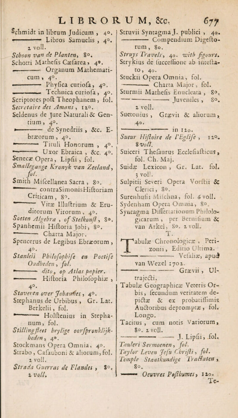 ^chmidt in librum Judicum , 40. ■ Libros Samuelis , 40. 1 voll. Scboon van de Planten, 8°. Schotti Mathefis Caefarea , 4®. — —- Organum Mathemati¬ cum , 40. -- Phy fica curiofa, 40. 1 ' ...... Technica curiofa , 40. Scriptores poft Theophanem , fol. Secretaire des Amans, n°. Seldenus de jure Naturali &amp; Gen¬ tium, 40. *-de Synedriis , &amp;c. E- bracorum , 40. --- Tituli Honorum , 40. -- 1 ■ Uxor Ebraica , &amp;c. 40. Seneca Opera, Lipfii, fol. Smatlegange Kronyk van Zeeland, fol. Smith Mifcellanea Sacra , 8°. r ~~ contraSimomsHiftoriam Criricam, 8°. * Vitae Illuftrium &amp; Eru¬ ditorum Virorum, 40. Soeten Algebra , of Stelkonfl, 8®. Spanhcmii Hiftoria Jobi, 8°. -- Charta Major. Spencerus de Legibus Ebrxorum , 4° • Stanleii Pbilofophife en Poetife Oudbeden, fol. --- dito i op Atlas papier. - - Hiftoria Philofophiae , 4°* Stnveren over J oh audies , 40. Stephanus de Urbibus , Gr. Lat. Berkelii, fol. r —• Holftenius in Stepha- num, fol. Stillingfleet beylige oorfprovklijk- beden, 40. Stockmans Opera Omnia, 40. Strabo , Cafauboni Sc aliorum, fol. z voll. Strada Guerras de Vianda , 8°. z voll. Struvii Symagma J. publici , 40. - Compendium Digefto- rum, 80. Struys Travels, 40. voitb figours. Strykius de fucceflione ab intefta- co, 40. Stuckii Opera Omnia, fol. -——- Charta Major , fol. Sturmii Mathefis Enucleata , 83, ---- Juveniles , 8°. z voll. Suetonius, Grxvii &amp;c aliorum* 40. --- in r2o&lt; Sueur Hifloire de 1'Eglife , 1i°. 8 voll. Suiceri Thefaurus Ecclefiafticus, fol. Ch. Maj. Suidx Lexicon , Gr. Lat. fol. 3 voll. Sulpitii Severi Opera Vorftii &amp; Clerici, ?&gt;°. Surenhufii Mifchna, fol. 6 voll. Sydenham Opera Omnia, 8°, Syntagma DifTeriationum Philolo- gxcarum , per Bernitium &lt;5c van Arkel, 8®. z voll. T. Tabulae Chronologicae , Peri- zonii. Editio Ultima. —-——■ - Vefalix, apucJ van Wezel ijoz. ---— -- Grxvii , Ul- rrajedu. Tabulx Geographica: Veteris Or¬ bis, fecundum veritatem de- pnftx &amp; ex probatiffimis Aubtonbus depromptae , fol. Longo. Tacitus, cum notis Variorum, 8°. z voll. --- J. Lipfii, fol. Tau/eri Sermoenen, fol. Taylor Leven Jefu Cbrijli, fol. Temple Staatkundige Tra&amp;atcn&gt; 80. ■■■■ Oeuvres Pojlbumcs, iio. T c-