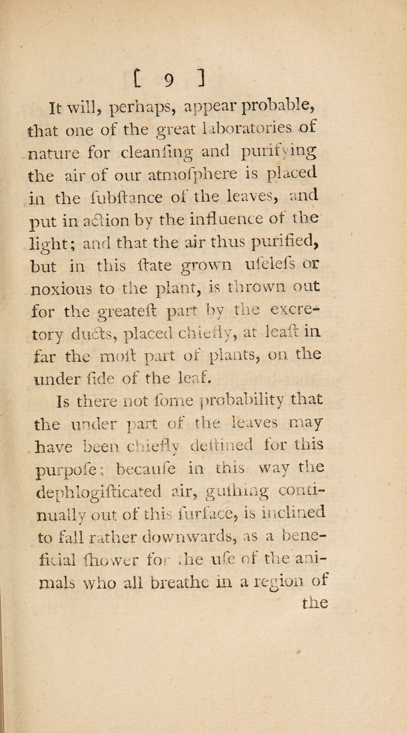 It will* perhaps, appear probable, that one of the great laboratories of nature for clean ling and purity mg the air of our atmofphere is placed in the fubftance oi the leaves, and put in action by the influence ot the light; and that the air thus purified, but in this firate grown ufelefs or noxious to the plant, is thrown out for the greateft part by the excre¬ tory duffs, placed chiefly, at lealt in far the moil part of plants, on the under fide of the leaf. Is there not feme probability that the under part of the leaves may have been chiefly defined for this purpofe; became in this way the dephlogifticated air, guihrng conti¬ nually out of this furl ace, is inclined to fall rather downwards, as a bene¬ ficial fhovver for die ufe ot the ani¬ mals who all breathe in a region of the