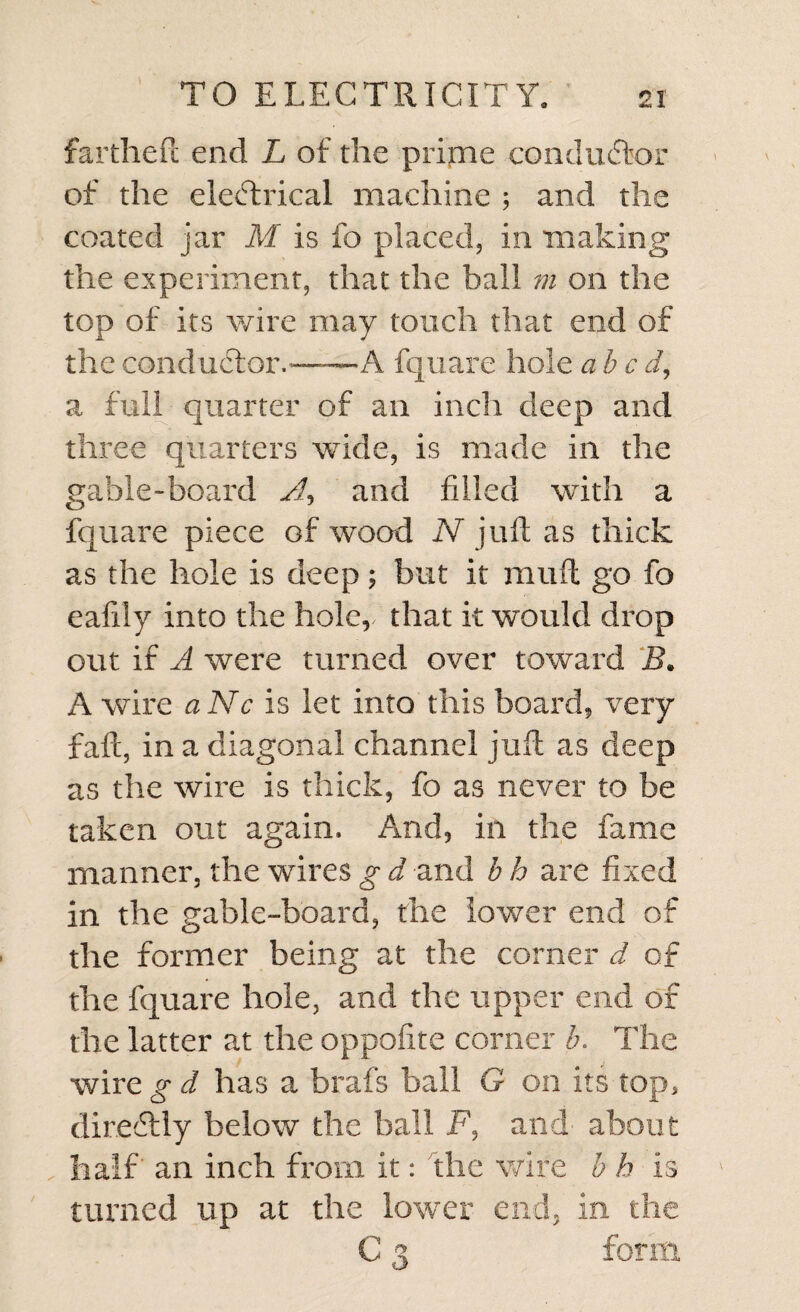 fartheft end L of the prime conductor of the electrical machine ; and the coated jar M is fo placed, in making the experiment, that the ball m on the top of its wire may touch that end of the conductor.——A fquare hole a b c d, a full quarter of an inch deep and three quarters wide, is made in the gable-board to and filled with a fquare piece Gf wood N juft as thick as the hole is deep; but it muft go fo eafily into the hole,/ that it would drop out if A were turned over toward B. A wire aNc is let into this board, very fall, in a diagonal channel juft as deep as the wire is thick, fo as never to be taken out again. And, in the fame manner, the wires g d and b h are fixed in the gable-board, the lower end of the former being at the corner d of the fquare hole, and the upper end of the latter at the oppofite corner A The wire g d has a brafs bail G on its top, direcftly below the ball F, and about half' an inch from it: the wife h h is turned up at the lower end, in the C 3 form