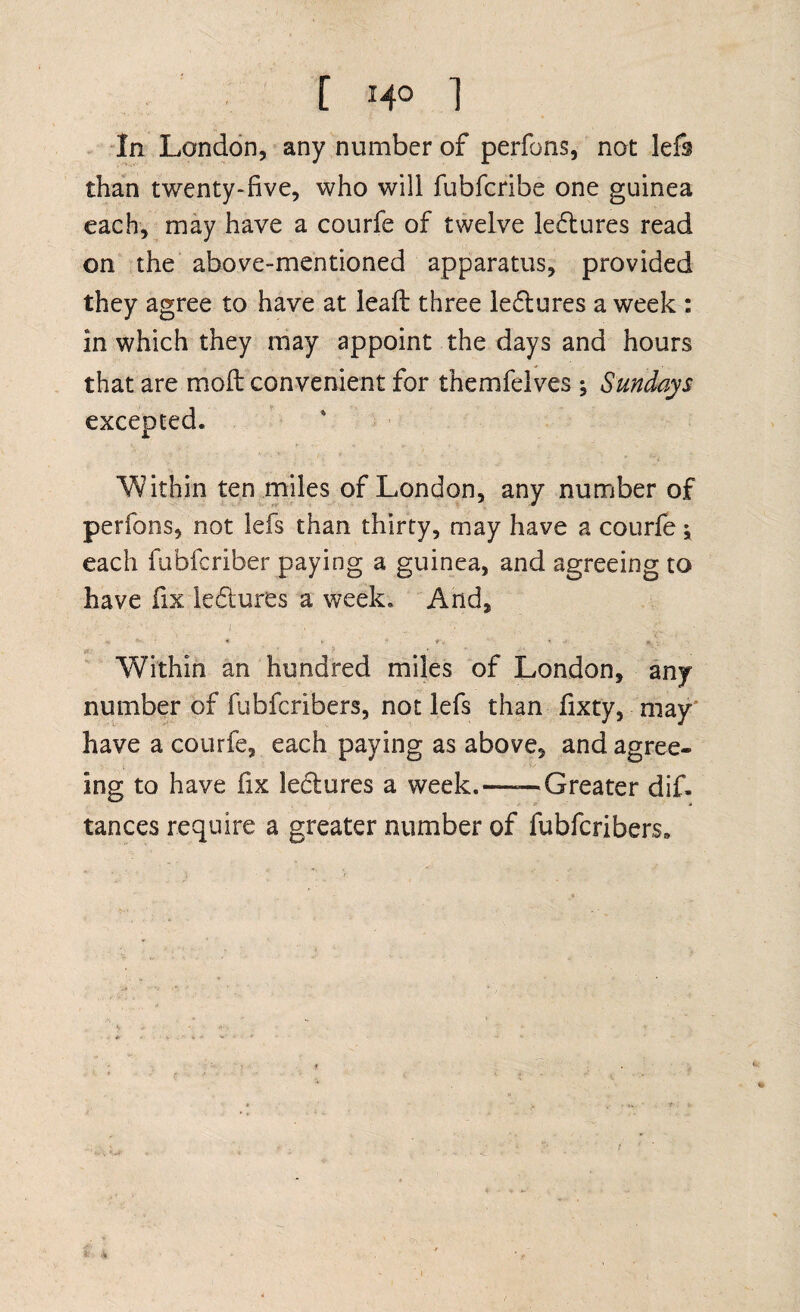 In London, any number of perfons, not lefs than twenty-five, who will fubfcribe one guinea each, may have a courfe of twelve ledtures read on the above-mentioned apparatus, provided they agree to have at leafl three ledtures a week : in which they may appoint the days and hours that are molt convenient for themfelves Sundays excepted. Within ten miles of London, any number of perfons, not lefs than thirty, may have a courfe each fubfcriber paying a guinea, and agreeing to have fix lectures a week. And, # . ' r< 4 v Within an hundred miles of London, any number of fubfcribers, not lefs than fixty, may have a courfe, each paying as above, and agree¬ ing to have fix lectures a week.——Greater dif. tances require a greater number of fubfcribers*