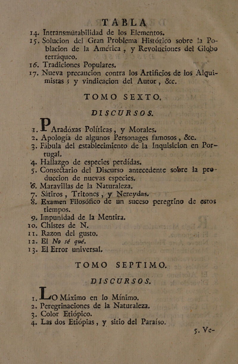 14. fhtransmarabilidad da los Blemahtos: | 15. Solucion del Gran Problema Histórico sobre la Po- blacion de la América , y Revoluciones del po terráqueo, | 16. Tradiciones Populares. hr A 17. Nueva precaucion contra los Artificios de los Alquí- mistas 5 did vindicacion del Autor , dec. TOMO SEXTO, DISCURSOS. Pardos Políticas, y Morales. - 2. Apología de algunos Personages famosos , Bcc. -3. Fabula del establecimiento de la Inquisición en Por- tugal. | | 4. Hallazgo de especies “perdídas. 5. Conseétario del Discurso antecedente sobre la pro- duccion de nuevas especies. 6. Maravillas de la Naturaleza. 7 Sátiros , Tritones , y Nereydas. - | - Examen Filosófico de un suceso peregrino de estos tiempos. 9. Impunidad de la Mentira. 10. Chistes de N. iso A 11. Razon del gusto. si 12. El No sé qué. | ) 13. El Error universal, TOMO SEPTIMO. -DISCURSOS. ¿Lo Máximo en lo Mínimo. 2 Peregrinaciones de la Naturaleza. 3. Color Etiópico. 4. Las dos Etiópias, y sitio del Paraíso.