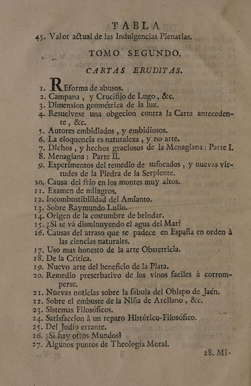 TABA 5: Valor aétual de las Indulgencias Plenarias. ... TOMO SEGUNDO. CARTAS ERUDITAS. te, Óc. tudes de la Piedra de la Serpiente. las ciencias naturales. perse. A