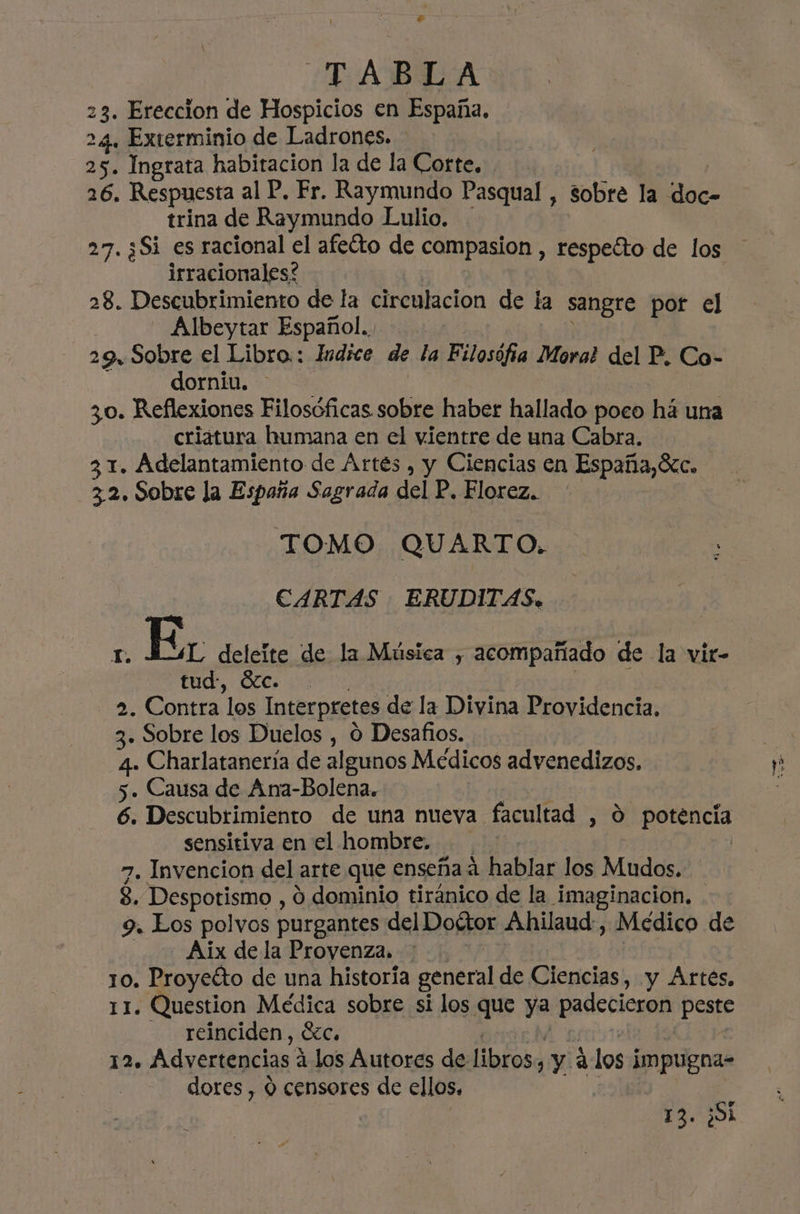 E TABLA 23. Ereccion de Hospicios en España, 24. Exterminio de Ladrones. 25. Ingrata habitacion la de la Corte, 26. Respuesta al P. Fr. Raymundo Pasqual, , Sobre la doc- trina de Raymundo Lulio. irracionales? 28. Descubrimiento de la circulacion de la sangre pot el Albeytar Español. 29, Sobre el Libro.: Indice de la Filosófia Moral del P. Co- dorniu. 30. Reflexiones Filosóficas sobre haber hallado poeo há una criatura humana en el vientre de una Cabra. 31. Adelantamiento de Artés , y Ciencias en España,Stc. 3.2. Sobre la España Sagrada del P. Florez. TOMO QUARTO. CARTAS —ERUDITAS. ¿Es deleite de la Música , acompañado de la vit- tud, LC. 2. Contra. los Interpretes de la Divina Providencia. 3. Sobre los Duelos , 0 Desafios. 4. Charlataneria de algunos Médicos advenedizos. 5. Causa de Ana-Bolena. 6. Descubrimiento de una nueva facultad , O potencía sensitiva en el hombre. 7. Invencion del arte que enseña á hablar los Mudos. 3. Despotismo , 0 dominio tiránico de la imaginacion. 9. Los polvos purgantes del Dottor Ahilaud , Médico de Aix de la Proyenza. 10. Proyeéto de una historia general de Ciencias, y Artés, 11. Question Médica sobre si los que ya capa peste reinciden, ézc. 12» Advertencias 2 á los Autores de libros, ya los impugna- dores, 0 censores de ellos. 12. ¿SÍ