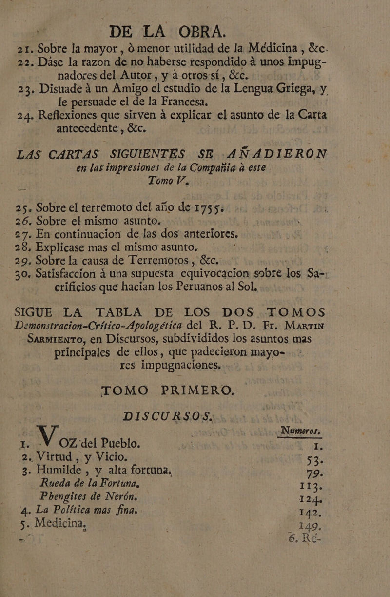 21. Sobre la mayor , 0 menor utilidad de la Médicina , Sc. 22. Dáse la razon de no haberse respondido 4 unos AnpUg- nadores del Autor, y á otros: sí, ÓZc.. 23. Disuade 4 un Amigo el estudio de la Lengua Griega, y le persuade el de la Francesa. 24. Reflexiones que sirven á explicar el asunto de la Carta antecedente OCC; LAS CARTAS SIGUIENTES SE |AÑADIE R 9) N en las impresiones de la Compañía d este. Tomo Y, 25. Sobre el terremoto del año de 1755. 26. Sobre el mismo asunto. 27. En continuacion de las dos anteriores. 28. Explicase mas el mismo asunto. 29. Sobre la causa de Terremotos , 6%. 30. Satisfaccion á una supuesta equivocación sobre los Sa=: crificios que hacian los Peruanos al Sol, SIGUE LA TABLA DE LOS DOS TOMOS Demonstracion=Crítico- Apologética del R. P. D. Er. MartiN Sarmiento, en Discursos, subdivididos los asuntos mas principales de ellos, que padecieron mayo- res impugnaciones, TOMO PRIMERO. DISCURSOS. | ¿0 OK: Numeros. OZ del Pueblo. EN E 2. Virtud, y Vicio. AS. 2 Humilde , y alta fortuna, 79. Rueda de la Fortuna, PO Phengites de Nerón. ¡ 124e. | 4. La Política mas fina. 142, 5. Medicina, | 149,