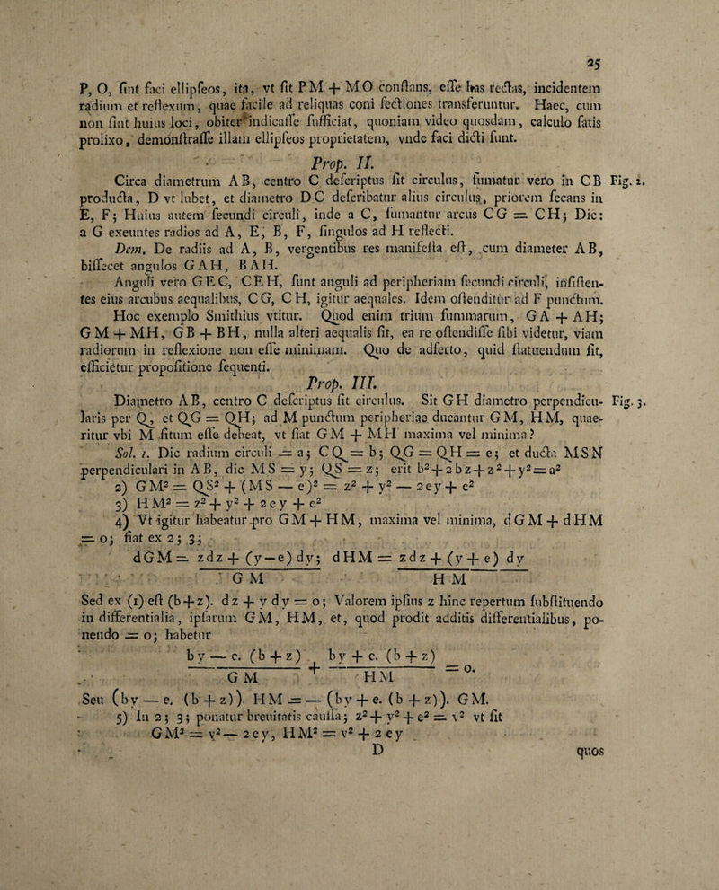 P, O, fint flici ellipfeos, ita, vt fit PM -f* MO conflans, efle has redas, incidentem radium et reflexum, quae facile ad reliquas coni fediones transferuntur. Haec, cum non fint huius loci, obiter‘indicafTe fufficiat, quoniam video quosdam, calculo fatis prolixo, demonflrafTe illam ellipfeos proprietatem, vnde faci didi funt. Prop. II. Circa diametrum AB, centro C defcriptus fit circulus, fumatur vero in CB Fig. produda, D vt lubet, et diametro DC defcribatur alius circulus, priorem fecans in E, F; Huius autem fecundi circuli, inde a C, fumantur arcus CG =: CH$ Dic: a G exeuntes radios ad A, E, B, F, fingulos ad H refledi. Dem. De radiis ad A, B, vergentibus res manifefia efi, cum diameter AB, bifTecet angulos GAH, B AH. Anguli vero GEC, CEH, funt anguli ad peripheriam fecundi circuli, infiflen- tes eius arcubus aequalibus, C G, C H, igitur aequales. Idem offenditur ad F pundum. Hoc exemplo Smithius vtitur. Quod enim trium fummarum, GA -f AH; GM + MH, GB + BH, nulla alteri aequalis fit, ea re ofiendiife fibi videtur, viam radiorum in reflexione non efle minimam. Quo de adferto, quid flatuendum fit, efficietur propofitione fequenti. Prop. III. Diametro AB, centro C defcriptus fit circulus. Sit GH diametro perpendicu- Fig. laris per Q^, et QjG = QH; ad M pundum peripherice ducantur GM, HM, quae¬ ritur vbi M fitum efle dekeat, vt fiat GM + MH maxima vel minima? Sol. i. Dic radium circuli — a; CQ^= b; Qp = QH — e; et duda MSN perpendiculari in AB, dic MS — y; QS = erit b2~f~2 bz-fz2 + y2 = a2 2) G M2 = QS2 -f- (M S — e)2 = z2 v2 — 2 e y +- e2 3) H M2 = z2 -f- y2 2 e y -f- e2 4) Vt igitur habeatur~pro GM + HM, maxima vel minima, dGM + dHM n o$ fiat ex 2 5 3 j dGM=, zdz+fy —e)dy; dHM = zdz-f(y-fe) dy V)p : G M H M Sed ex (1) efi (b + z). dz + ydy=:o; Valorem ipflus z hinc repertum fubfiituendo in differentia lia, ipfarum GM, HM, et, quod prodit additis differentialibus, po¬ nendo 2= 05 habetur bv —-e. ( b + z ) b y + e. (b + z) GM + HM = °‘ Seu ( b y — e. (b +- z)). HM —— (by + e. (b+z)). G M. 5) In 2 ; 3; ponatur breuitatis c a 11 fi a; z2 + v2+-e2 =. v2 vt fit ' G M2 = v2 — 2 e y, H M2 = v2 + 2 e y * - * ‘ D quos