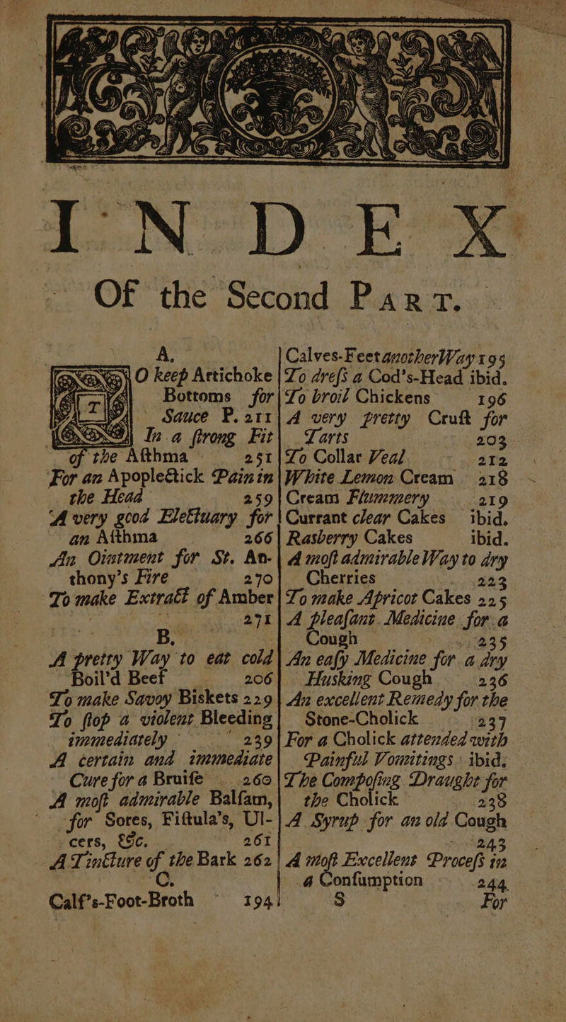 A, Sans) O keep Artichoke Ina ftrong Fit 251 For an Apople&amp;tick Pain in the Heaa- 259 ‘A very gcod Elettuary for an Atthma 266 An Ointment for St. Ar- thony’s Fire 270 To make Extract of Amber a = 291 AA pretty Way to eat cold ~ Boil’d Beef | 206 To make Savoy Biskets 229 immediately 239 A certain and immediate Cure fora Bruifeé’ 260 A moft admirable Balfam, for Sores, Fiftula’s, Ul- Calves-Feet anotherWay 195 Zo drefs a Cod’s-Head ibid. 196 Tarts 20 To Collar Veal ped White Lemon Cream 218 Cream Flummery 219 Currant clear Cakes ibid. Rasberry Cakes ibid. A moft admirable Way to dry Cher ries 243 To make Apricot Cakes 225 A pleafant. Medicine for a Cough 7 dea SS An eafy Medicine for a ary _Husking Cough 236 An excellent Remedy for the Stone-Cholick 237 For a Cholick attended with Painful Voreitings \ ibid. T he Compofing Draught for the Cholick 238 A Syrup for an old Cough cers, &amp;9c. 261 ATintture G the Bark 262 “AS A sp Excellent Procefs iv x 4 Confumption 244 Calf’s-Foot-Broth S For 194
