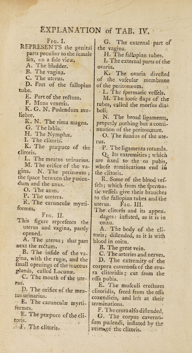 Fig. X. REPRESENTS the genital parts peculiar to the female lex, on a fide view, A. The bladder. B. The vagina. C. The ute rus. I). Part of the fallopian tube. E. Part of the redlum. F. Mons veneris. K. G. N. Pudend um mu- liebre. ! > K. N. The rima magma. G. The labia. H. T 'he Nymphse. X. The clitoris. &• The prsepuce of the clitoris. L. The meatus urinarius M. The orifice of the va¬ gina. N. The perinaeam the (pace between thepuden dum and the anus. O. The amis. P. The ureters. R. The carunculse myrti- formes. ^ . Fig- IL This figure reprefeiits the uterus and vagina, partly opened. • -A. The uterus; that part next the redfum. B. The inlide of the va¬ gina, with the rugae, and the Email openings of the mucous glands, called Lacunae., C. The mouth of the ute¬ rus. D. The orifice ©f the mea¬ tus urinarius. . E. T he carunculae myrti- formes. E. The prepuce of the cli¬ toris. T -iv The clitoris. G. The external part of the vagina. H. The fallopian tubes. If Fhe external parts of the ovaria. K< The ovaria diverted of the vafcular membrane of the peritonaeum. L. The fpermatic veffels. M. The loofe flaps of the tubes, called the morfus dia- boh\ ’ r . . N. The broad ligaments, properly nothing but a conti¬ nuation of the peritonaeum. O. The fundus of the ute¬ rus. °P. The ligaments rotunda. CK Its extremities; which are fixed to the1 os pubis, whole ramifications end in the clitoris. R. Some of the blood vef¬ fels; which from the fperma¬ tic \rertels give their branches to the fallopian tubes and the uterus. Fig. III. The clitoris and its appen¬ dages: inflated, as it is in coitu. A. The body of the cli¬ toris; dirtended, as it is with blood in coitu. B. The great vein. C. 'Fhe arteries and nerves. D. The extremity of the corpora cavernofa of the eru- ra clitoridis y cut from the ofla pubis. E. The mufculi ereclores clitoridis, freed from the ofla coxendicis, and left at their terminations. F. Thecruraalfo dirtended, G. 1 he corpus caverna- fum pudendi, inflated by the veimKof the clitoris.