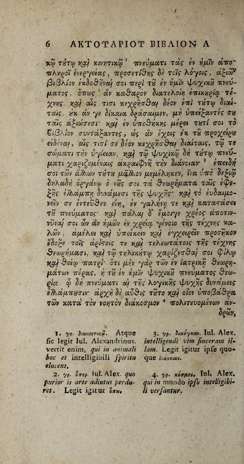 / AKTOTAPIOT BIBAION A rsi / INi I f IV 5tw tstw wgj kivyjtiku} 'jtvevfjLctn Tag sv yi/jliv aito' mhviQOi svsgyetag, tt%ocsTt&Y,g §e Tolg koyotg, d^t(nv fit&ktov £K$C&%VC£f (701 TtS(?t T8 SV-VfMV TlVSV- ljictTog, cTtoog 1 dv xa&a^dv SiutsKoIkj S7ttx8^ta ze- xm VCfj oug T171 7tS%(?ljcSctf SsGV STti T8T0O footi- toug 8x dv ye foxoua bgaccufJLsv, (Joy VTt&fcavTsg ex toug d^tobcecr y&f sv VTtcSriixYig ys^et thti cot to £lI3kIcv cvvtd^avTeg, dv s^oig sx tx tt^oydi^s €iOsvccj, oug Tici cs Vsov asx^YlT&oif }nouTOug, too ts cduaTt ty]v Tjytetav, yc$Jj rw S*} txtoo Ttvsv- (jluti Xx%l&iutvoug dxgat(pvtj t>)v hdvctav’ * sitet^Tj C7OTT00V d/koov T8T8 judfkoV [AS[JLskV}XeV, ha into Ss^too iviKa^yj o^ydvoo o v£g cot zd S’soogyjf.ictTa Toug s(pe- £yg slhayity Swaysct tyjg 'ipvx$S“ dj To sv^oupio- vetv cs svtsvSsv eiyj 3 sv yakyr/j ts ycpj xaTXTacet 78 Ttvsvy.arog' vgj TtaKoo/ S’ sfjcotye %%scg Uvotiv- vvvodj cot wv dv jJ/xwv iv %gota ysvoto trtg TsyyYig ax- ’hm , dptsket qgoj vTt&xetv v[cy ey%etgeiv itppcyixcv to7g d^fcotg re y&j TsksooTarotg Tvjg Tsyyy\g &soo^yixxci, tdo TYtXixxToo xacot (plKoo ygjj S’etoo ttxtoti {jlsv yd% t&v sv Ixtqixyj &soo^ fidroov TTs^ag, 7} tS sv Yjfuv \pvx^ itvsvfXXTog 3'sa)- gla cb Syi TtvsvfJLXTt otq TY,g koytxyg Tpvx^ Svvdjuetg slfkdyTtxciv' dgx*5 Si av&ig t&to Ygj ctov vito($d§(>a 7&v nurd tov vq^tov hdxoc^ov 4 Ttoktrsvo^evoiv dv- Sgoov, 1* yp> $ let's oyr iv.ip. Atque He legic luL Alexandrinas. vercit enim, qui in animaU hoc et intelligibili jpiritu fifteens* 2. 7p. 07rep■ Iul. Alex, quo purior is arte acliutus perdu* ref. Legic iguur otw* g. 7p. 3/«yy«av. Till. Alex, intelligendi vim finceram /V- lam. Legit igitur ipfe quo- que ^avo/av. 4* 7P* xofffiov. TuK Alex* qui in mundb ipfo intelligibi¬ li verfantur.